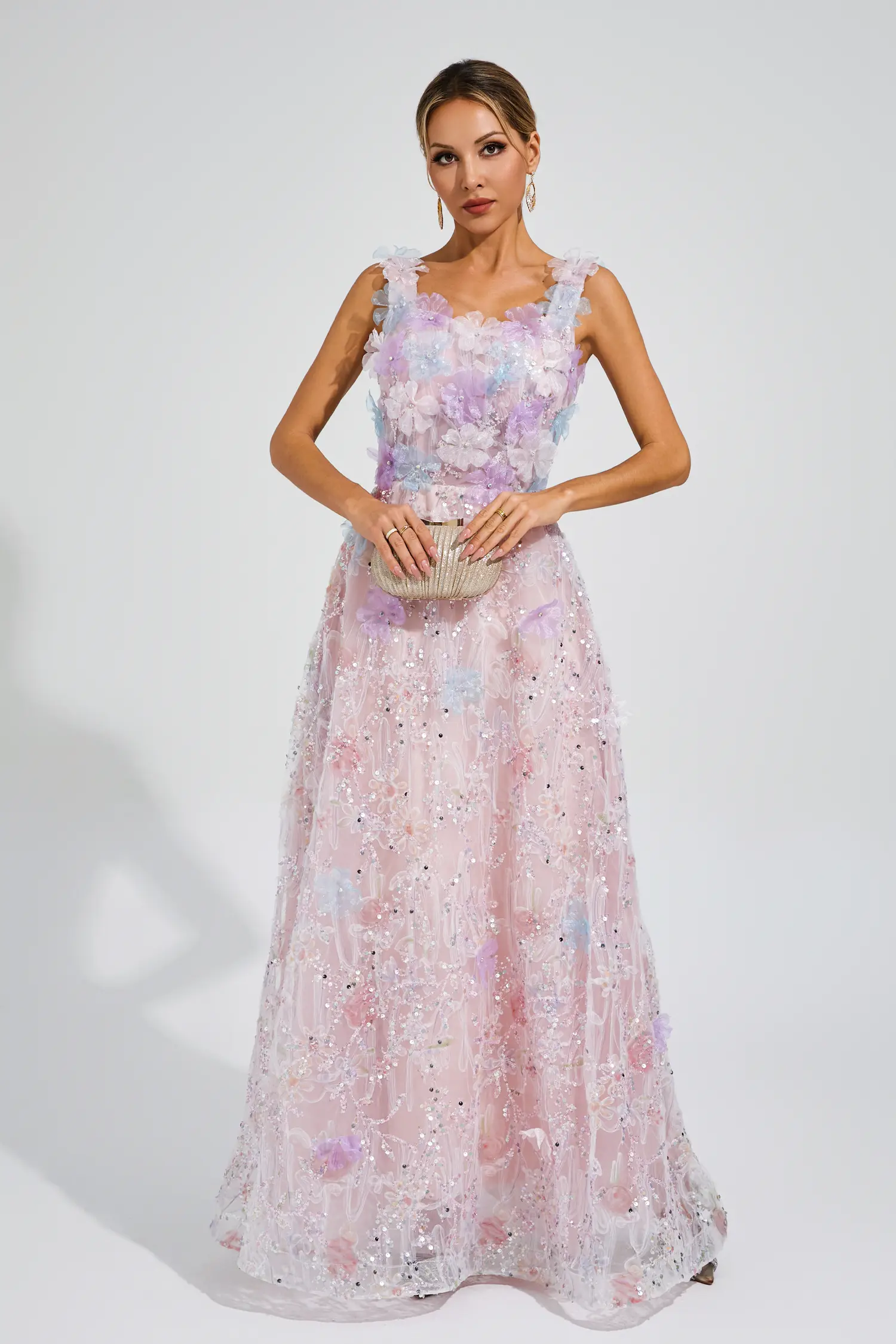 Adolph Pink Flower Sequin Maxi Dress-CATCHALL