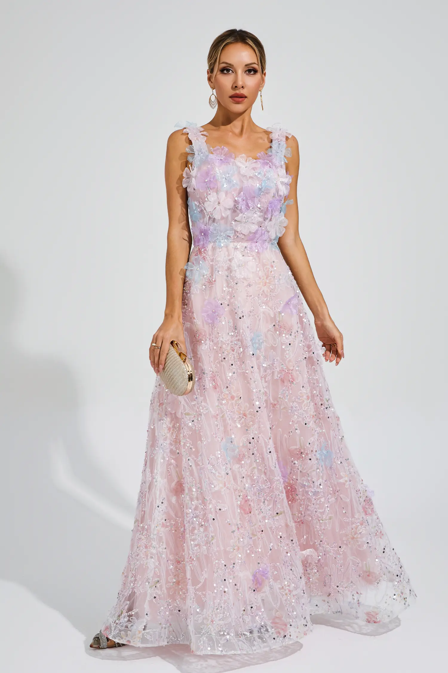 Adolph Pink Flower Sequin Maxi Dress-CATCHALL