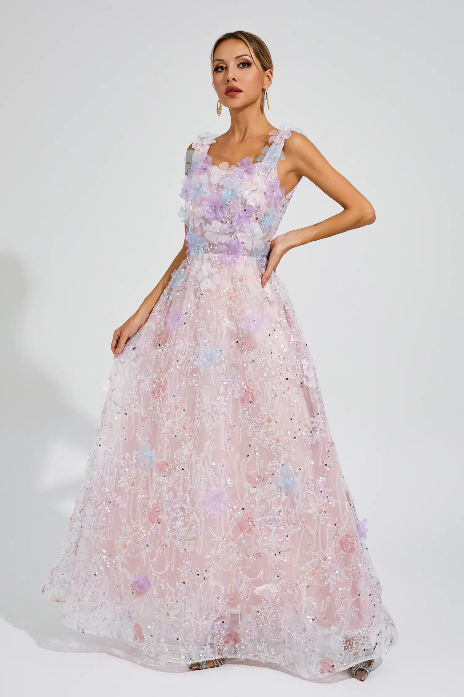 Adolph Pink Flower Sequin Maxi Dress-CATCHALL
