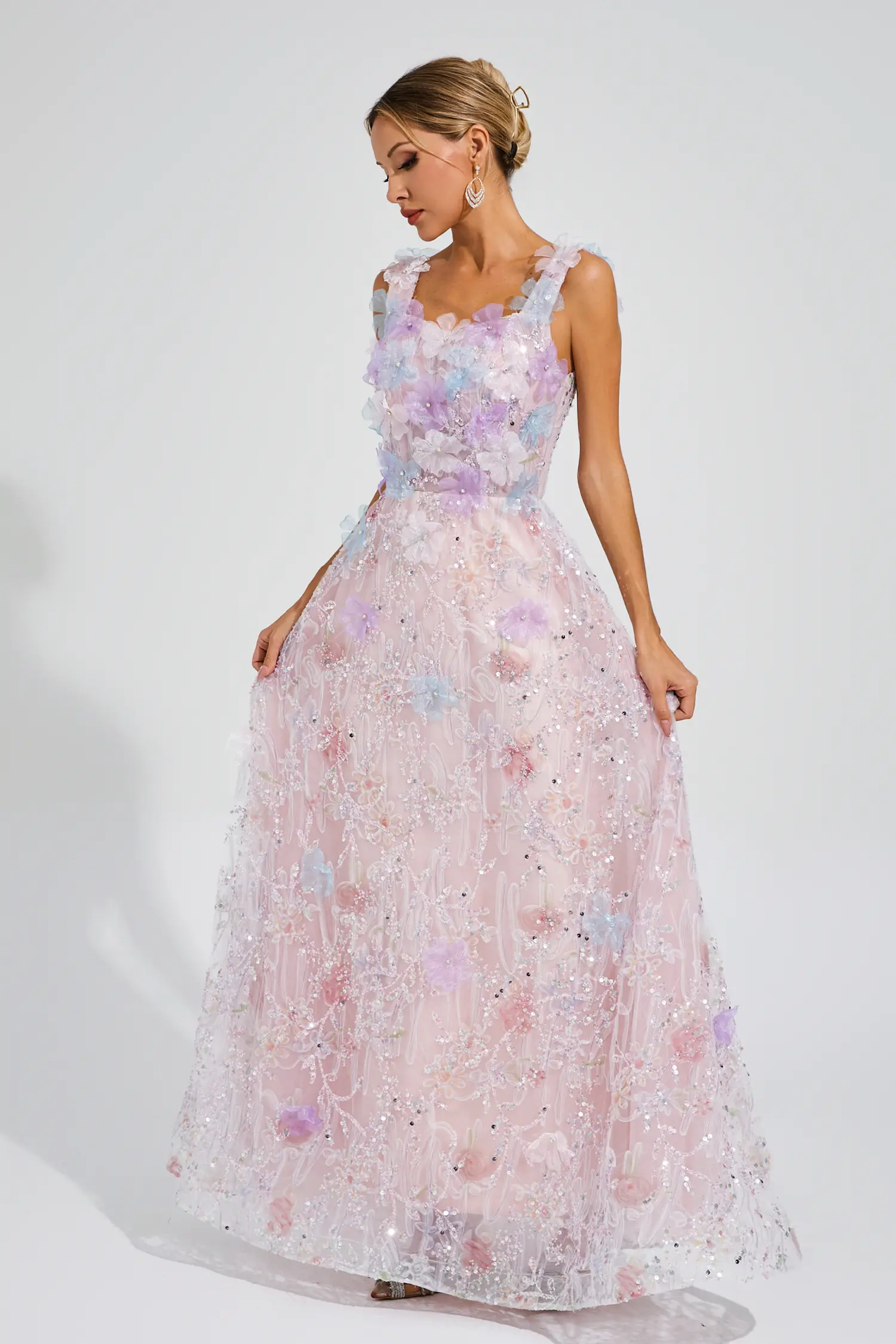 Adolph Pink Flower Sequin Maxi Dress-CATCHALL