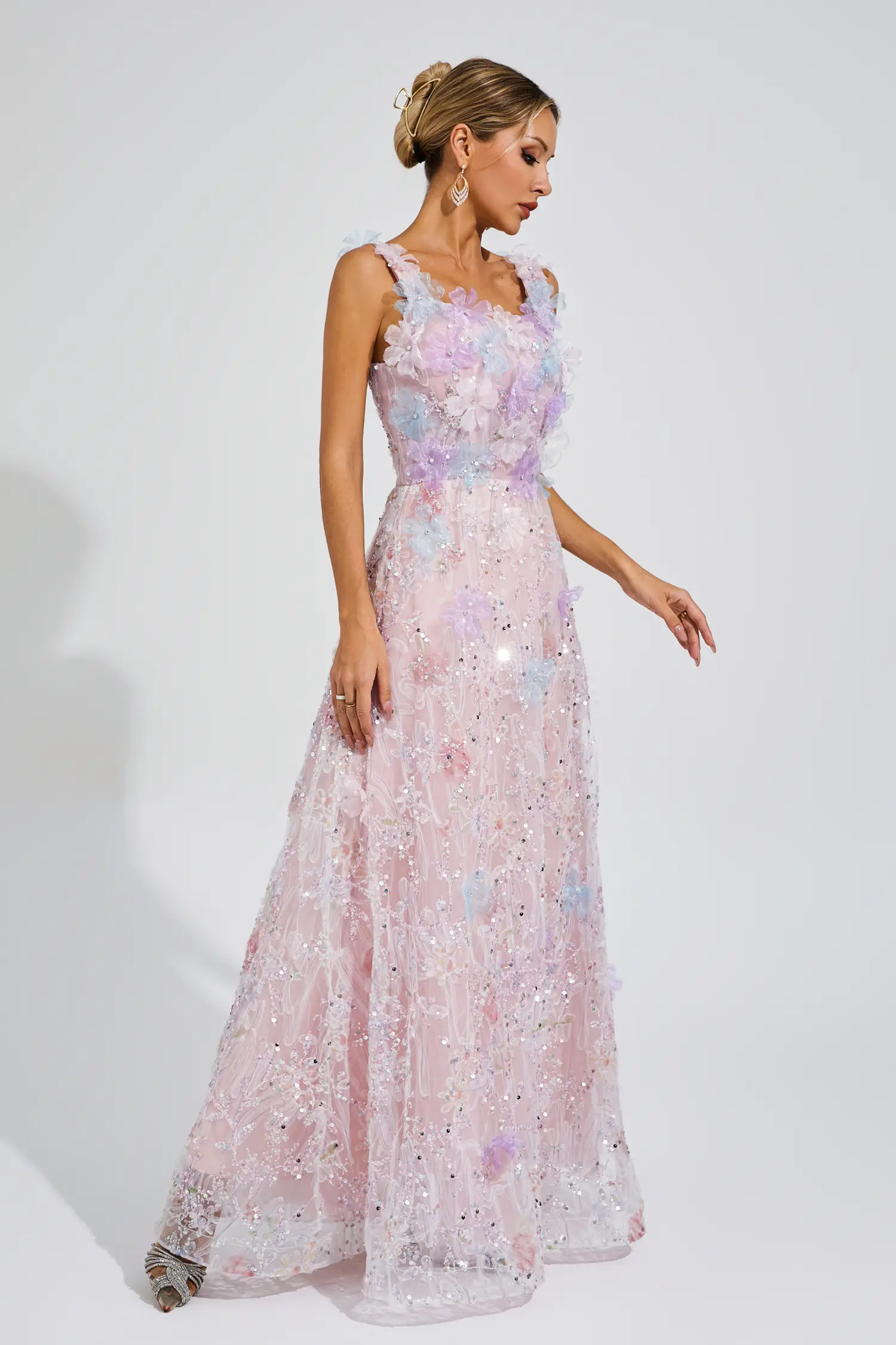 Adolph Pink Flower Sequin Maxi Dress-CATCHALL