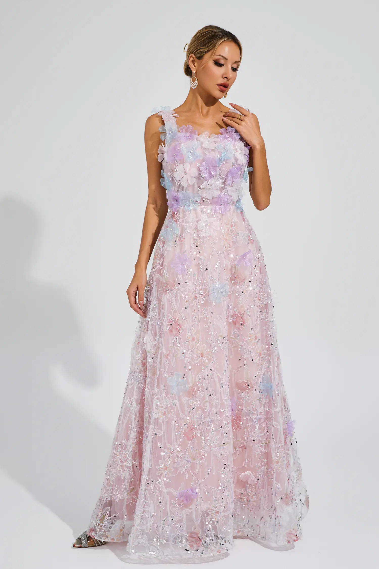 Adolph Pink Flower Sequin Maxi Dress-CATCHALL