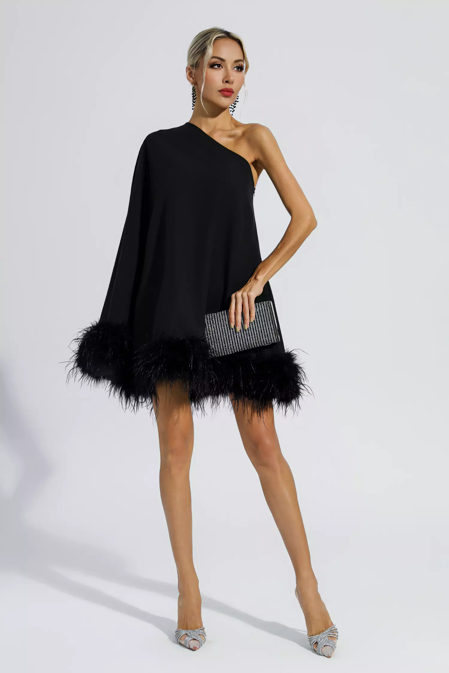 Ailani Black Feather Trim One Shoulder Mini Dress-CATCHALL