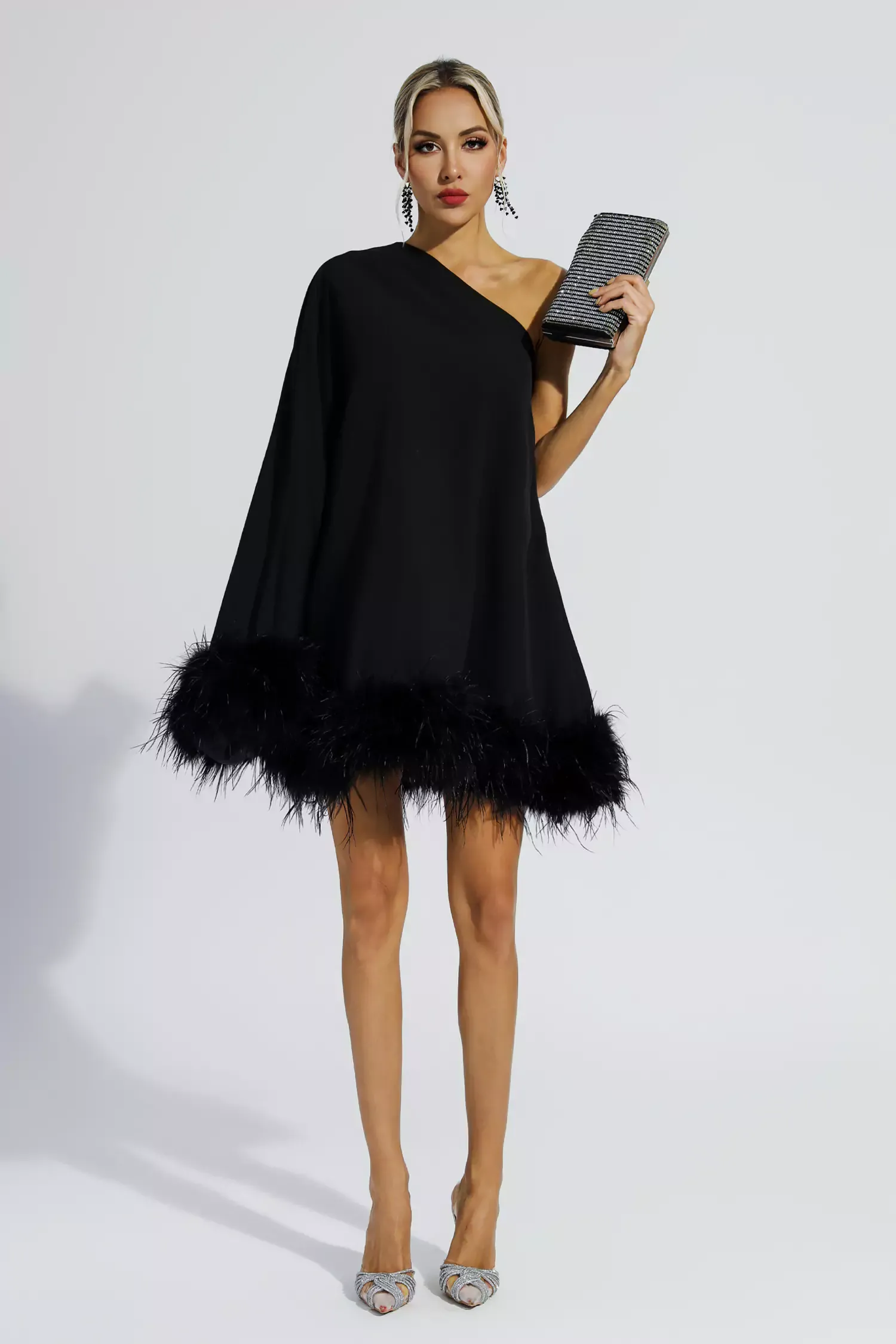 Ailani Black Feather Trim One Shoulder Mini Dress