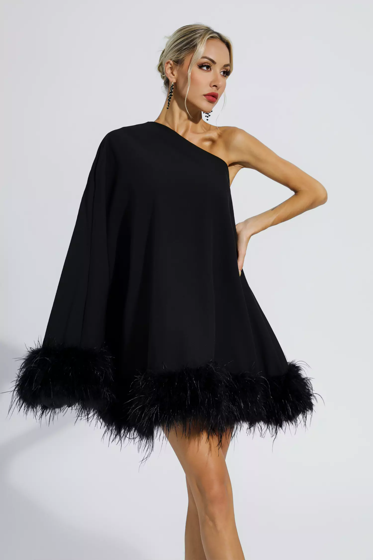Ailani Black Feather Trim One Shoulder Mini Dress-CATCHALL