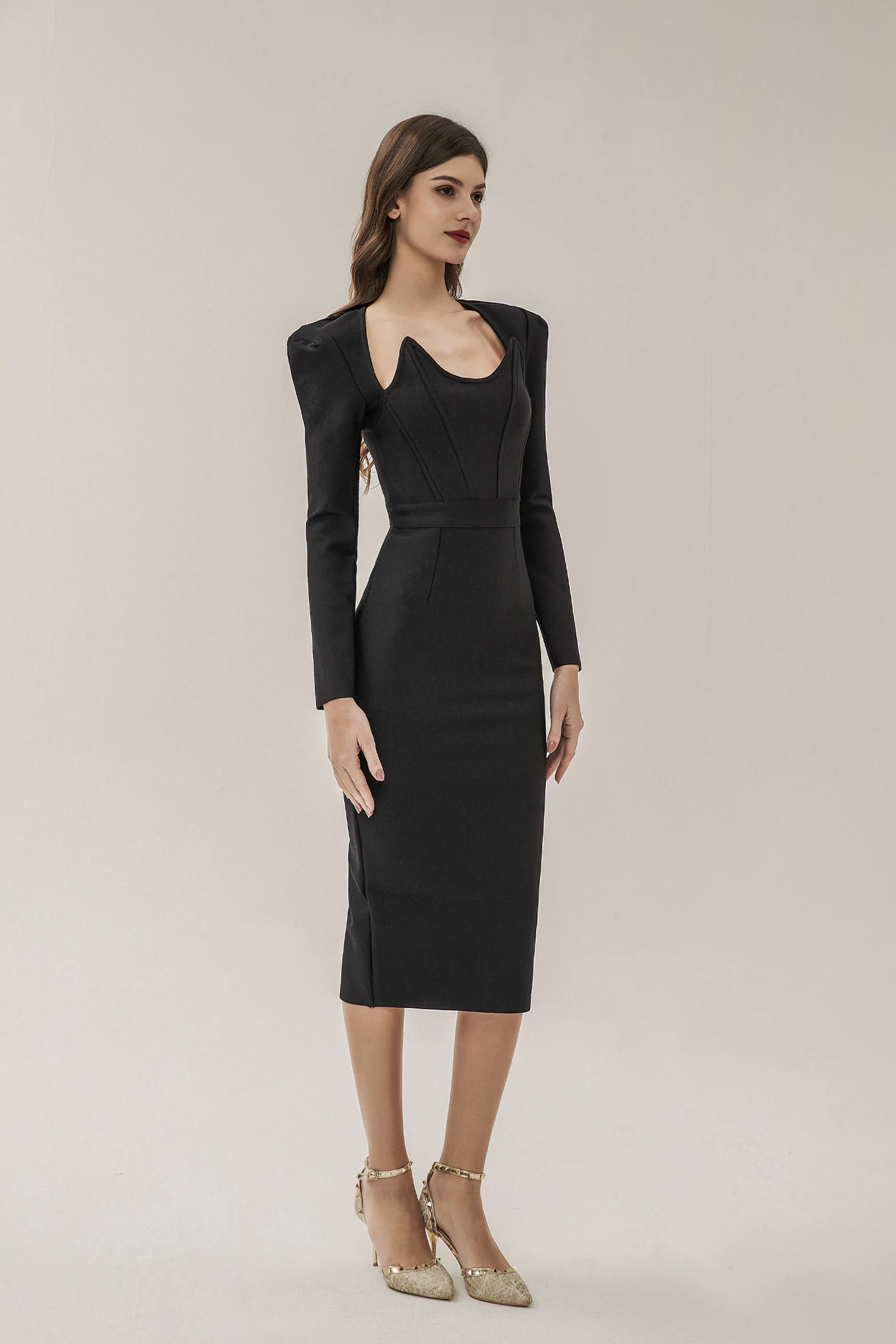 Alaina Black Long Sleeve Midi Work Dress