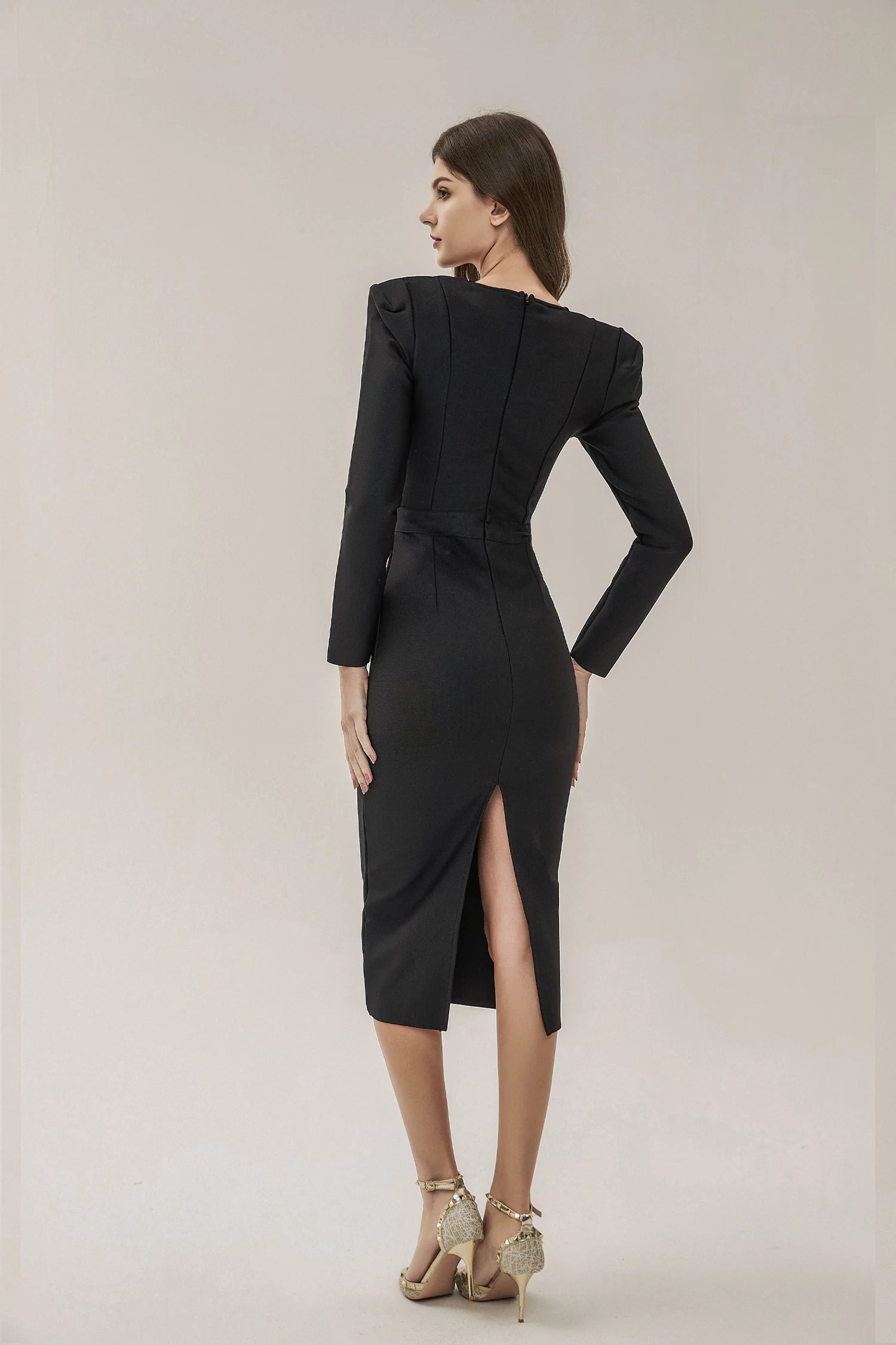 Alaina Black Long Sleeve Midi Work Dress-CATCHALL