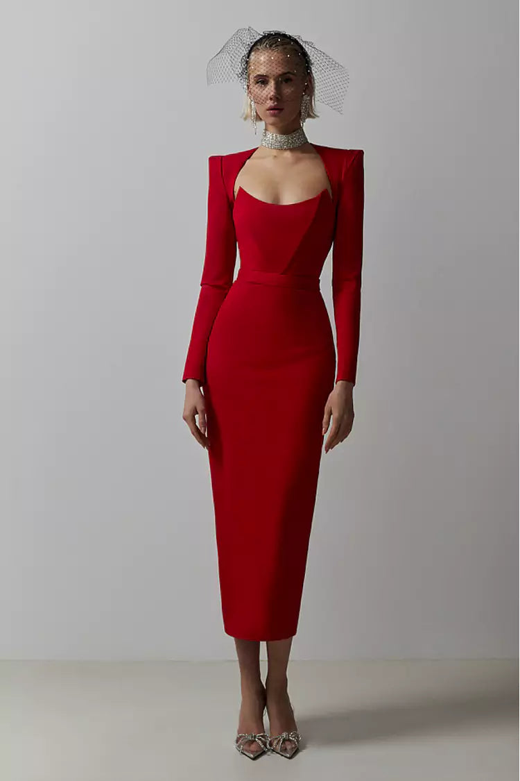 Alaina Red Long Sleeve Midi Work Dress - Catchall