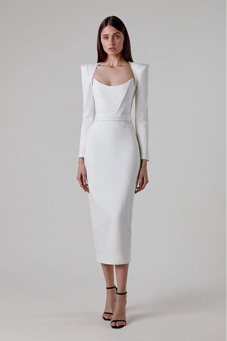Alaina White Long Sleeve Midi Work Dress-CATCHALL