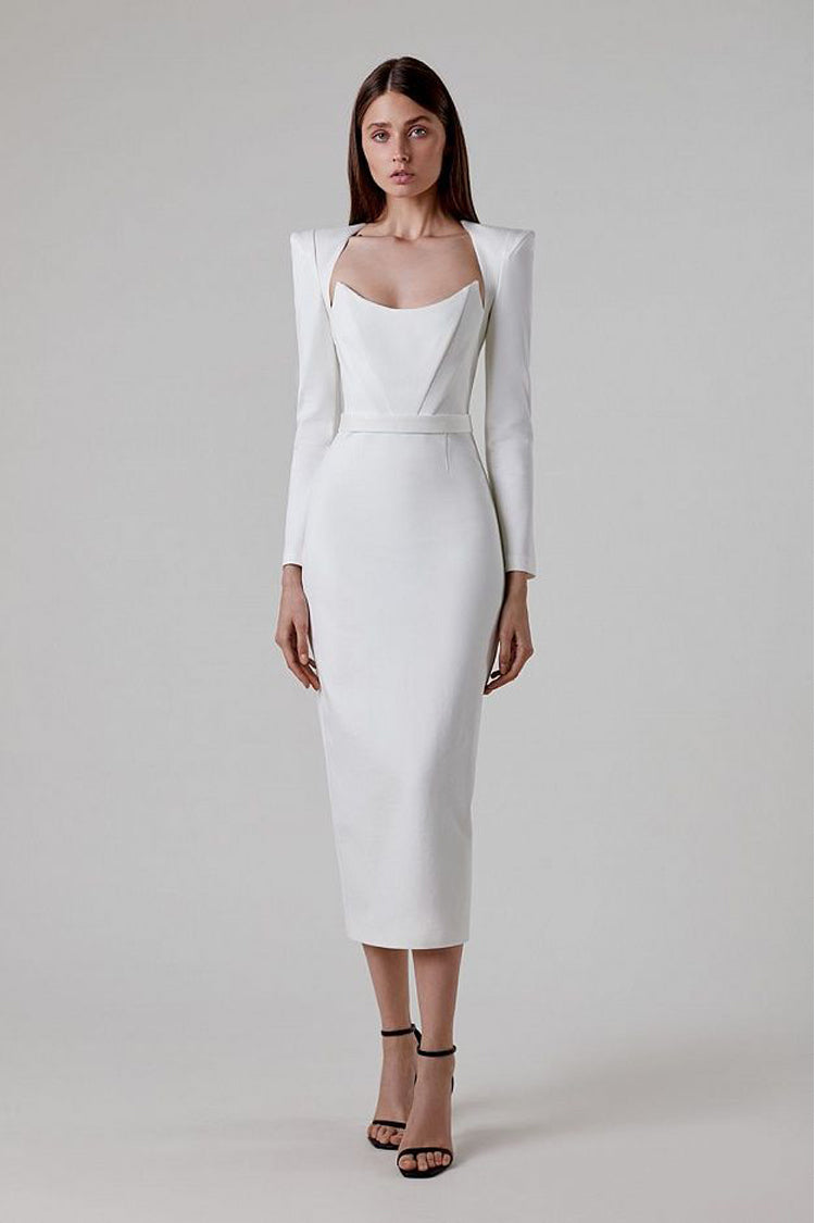 Alaina White Long Sleeve Midi Work Dress - Catchall