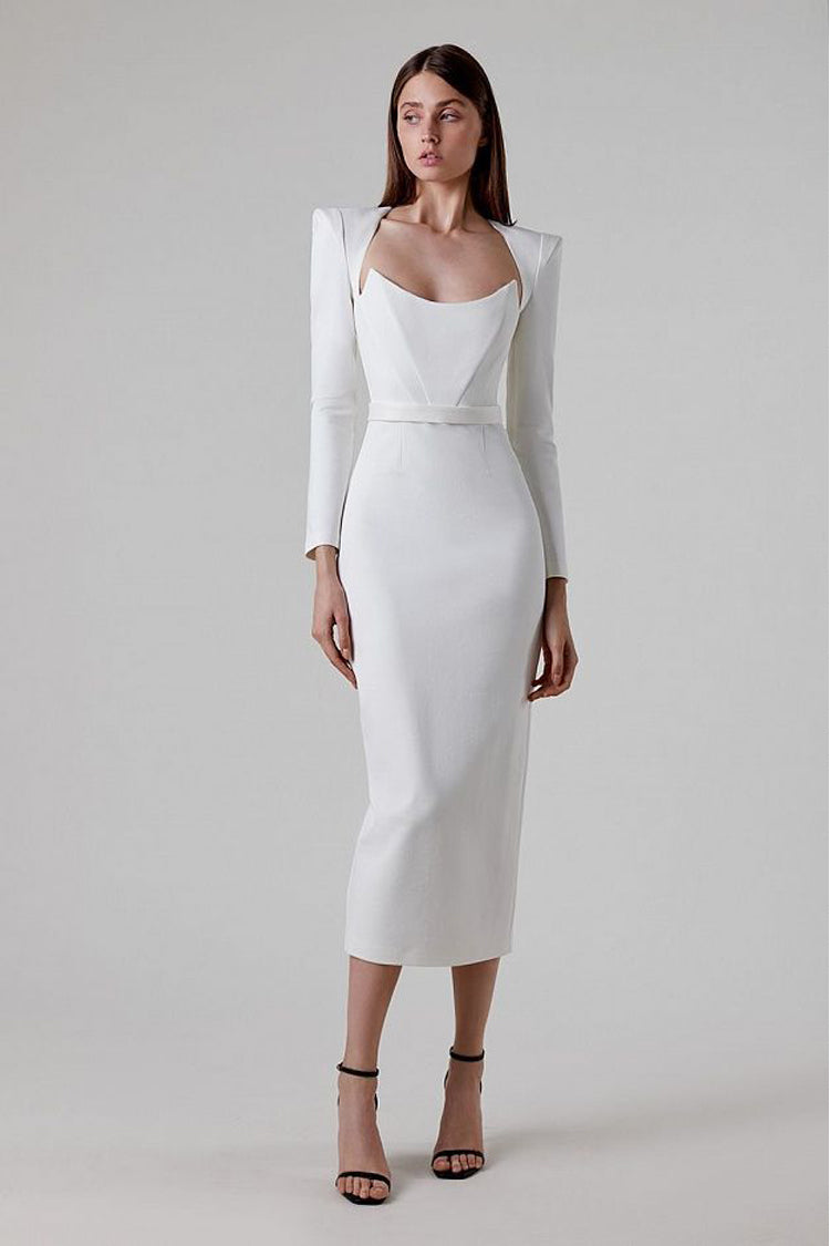 Alaina White Long Sleeve Midi Work Dress-CATCHALL