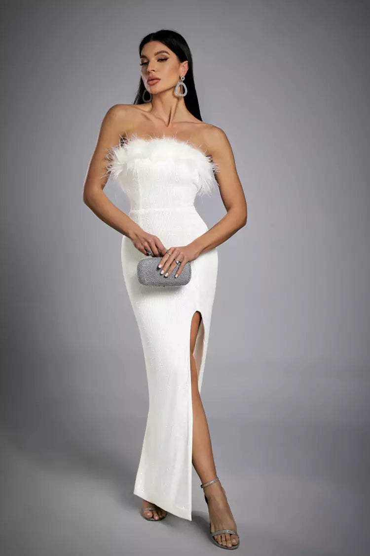 Alayna White Feather Sequin Dress-CATCHALL