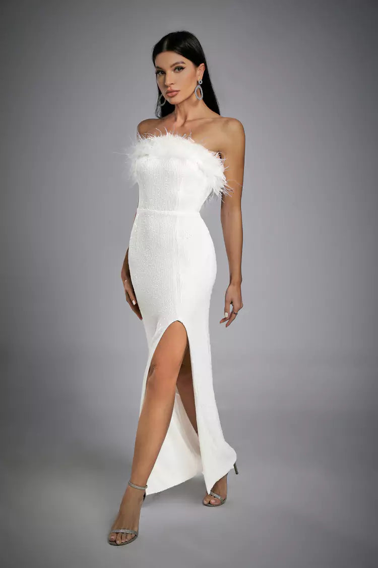 Alayna White Feather Sequin Dress-CATCHALL