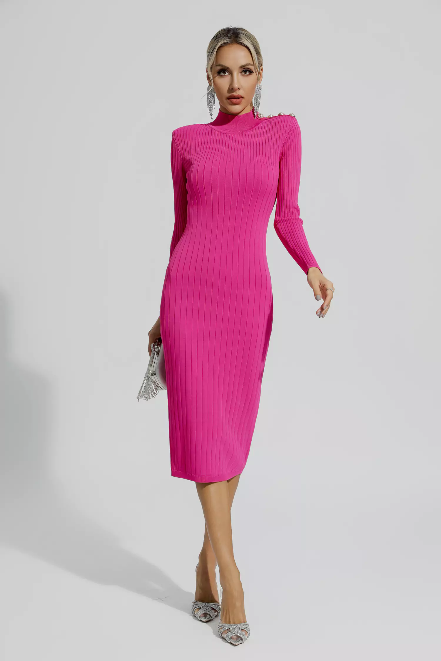 Alejandra Rose Red Knitted Long Sleeve Dress-CATCHALL