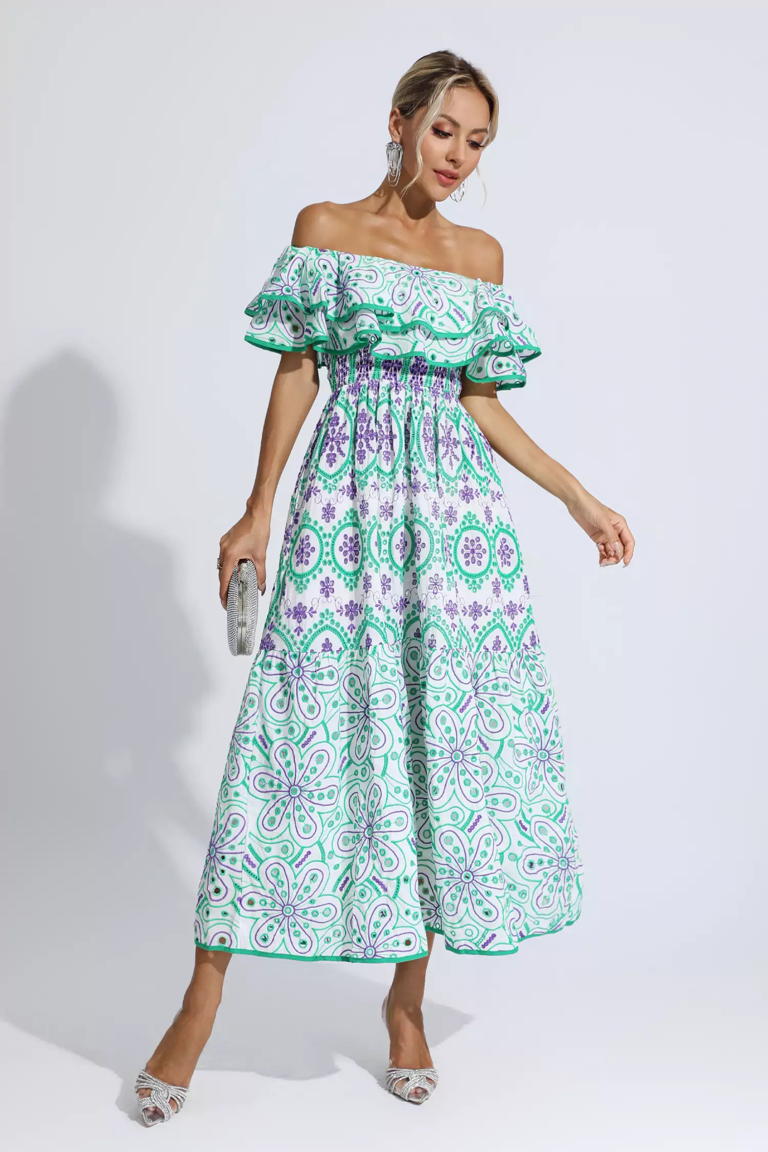 Alessia Green Printed Ruffle Midi Dress
