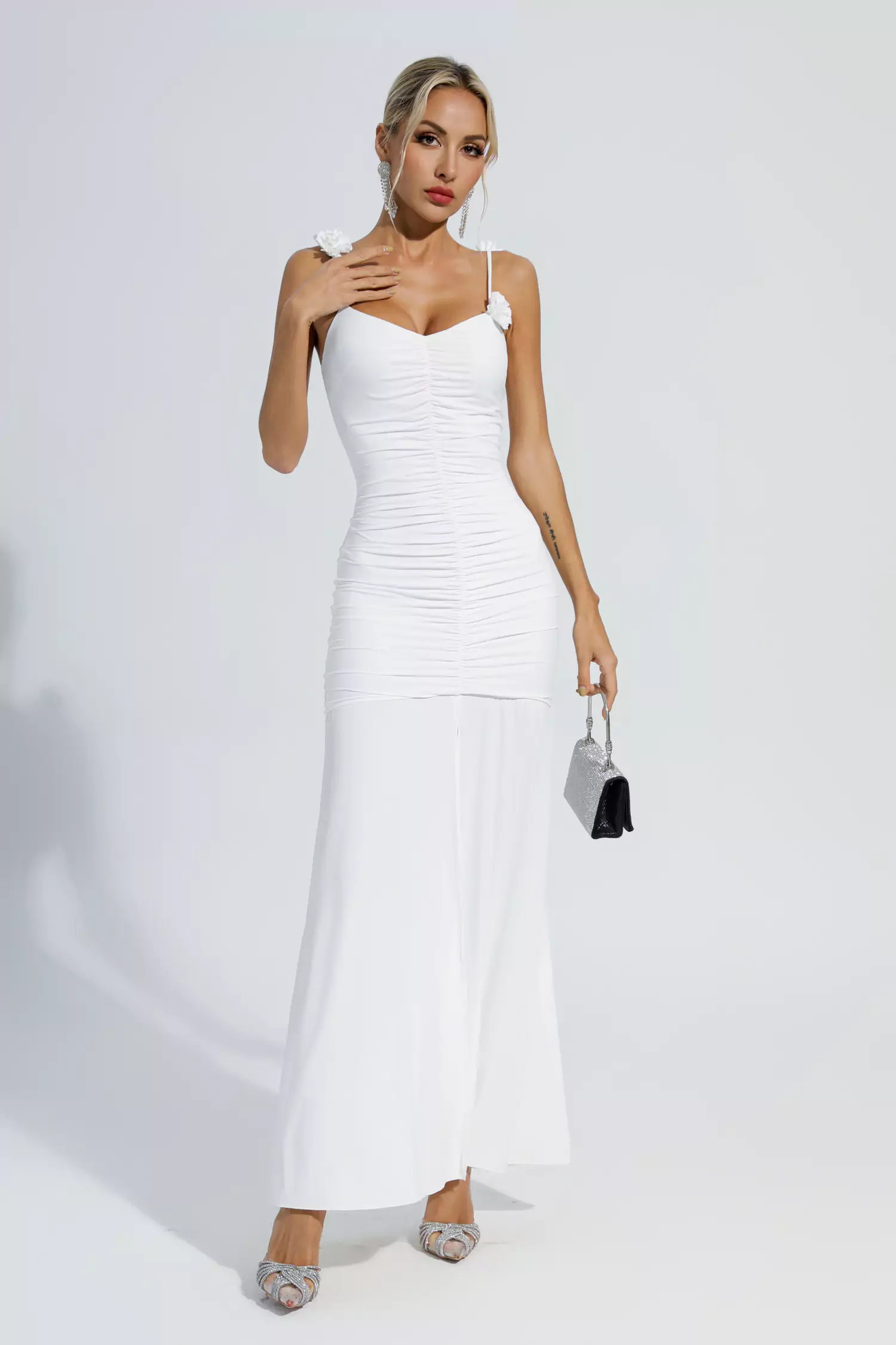 Alia White Floral Ruched Slip Maxi Dress-CATCHALL