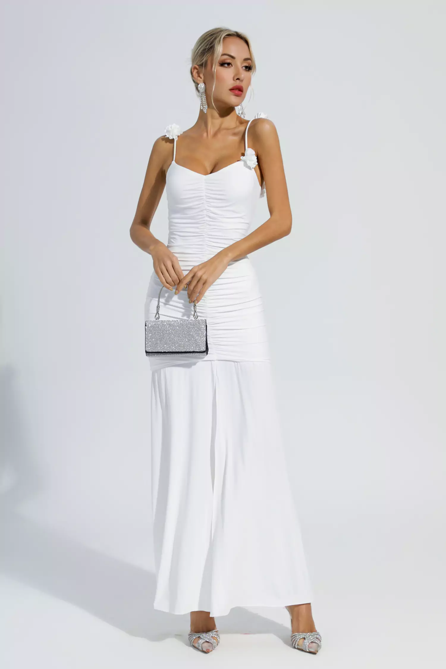 Alia White Floral Ruched Slip Maxi Dress-CATCHALL