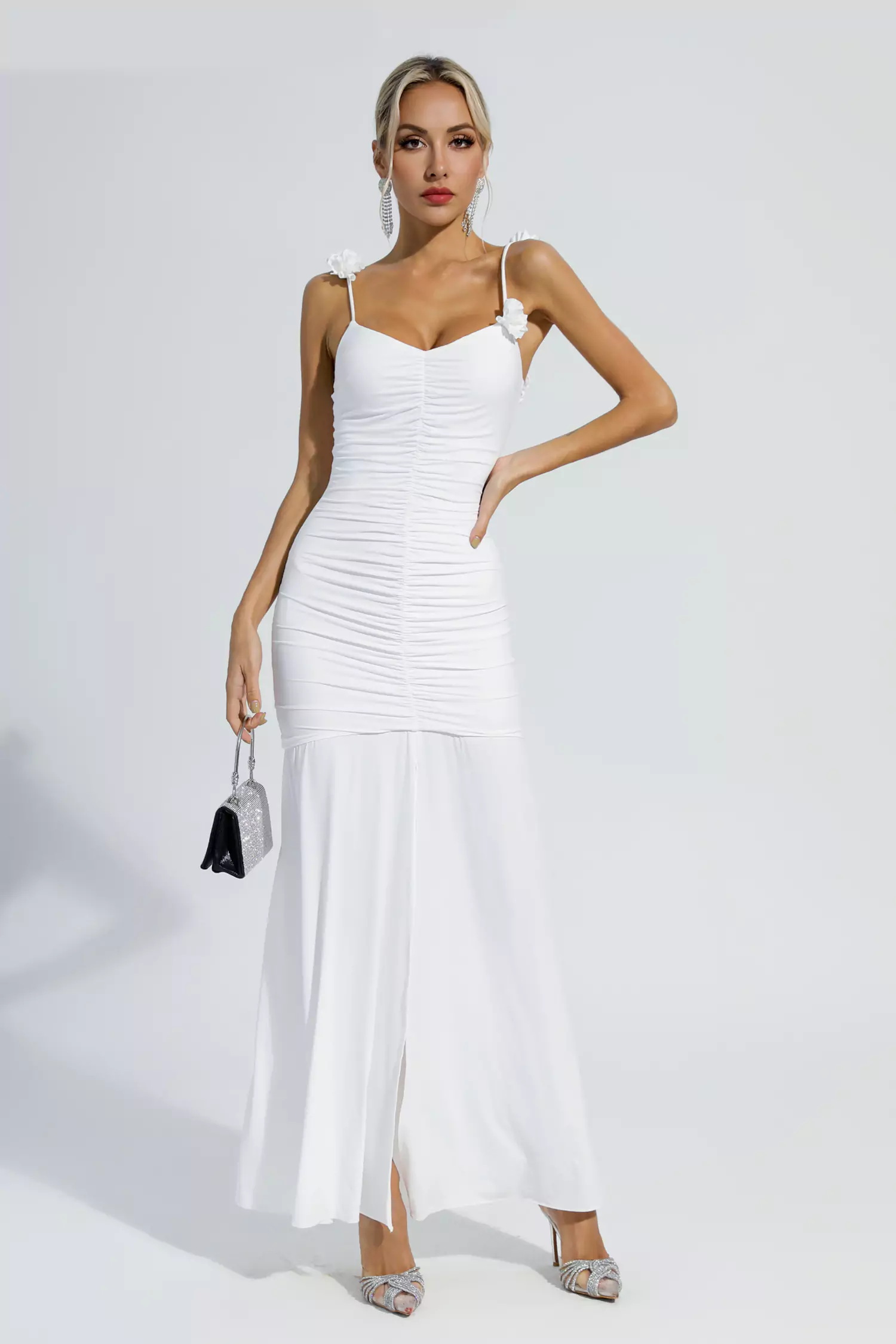 Alia White Floral Ruched Slip Maxi Dress-CATCHALL