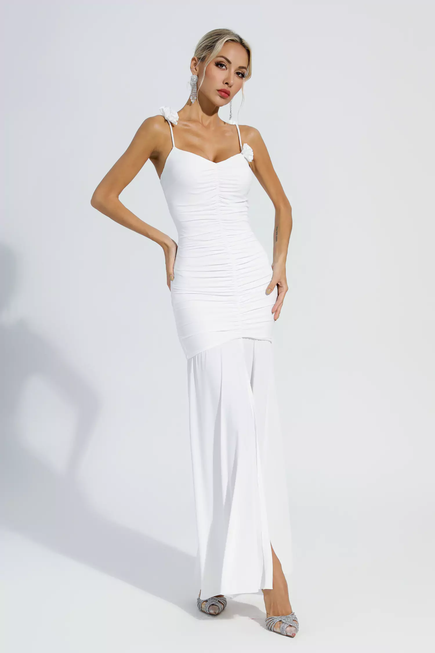 Alia White Floral Ruched Slip Maxi Dress-CATCHALL