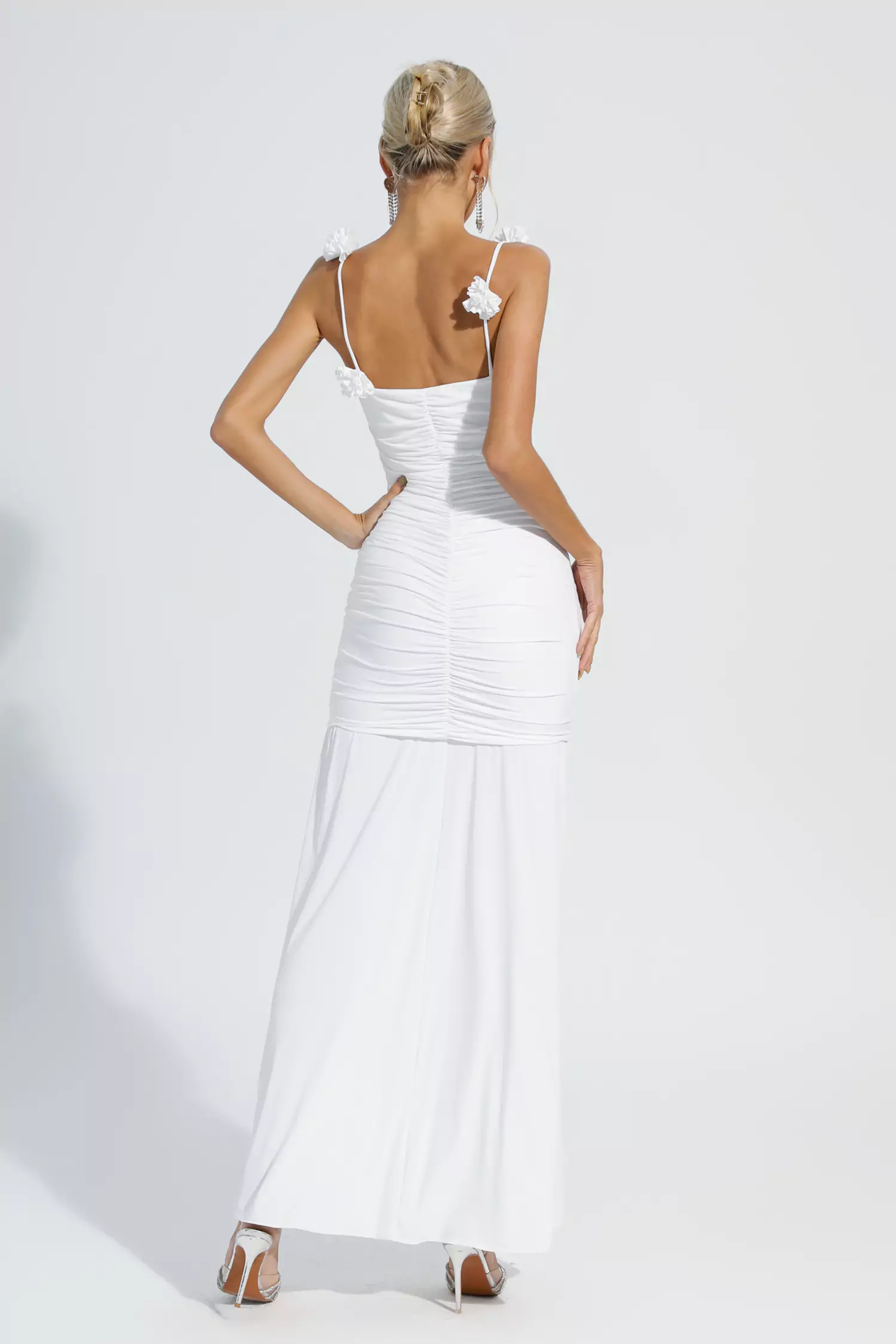 Alia White Floral Ruched Slip Maxi Dress-CATCHALL