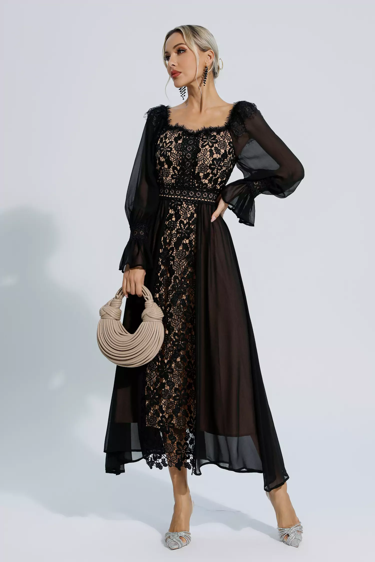 Aliana Black Floral Hollow Long Sleeve Dress-CATCHALL