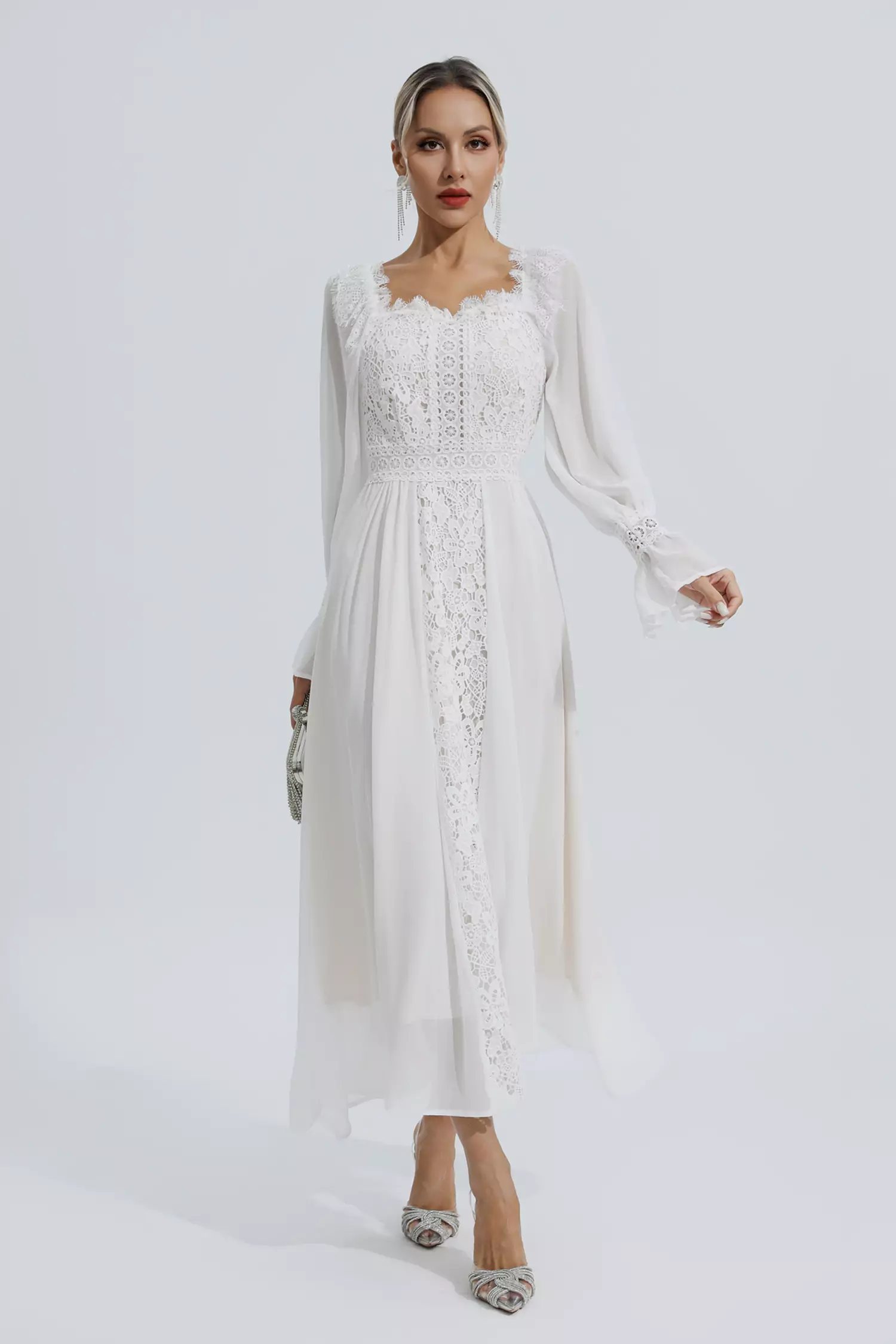 Aliana White Floral Hollow Long Sleeve Dress
