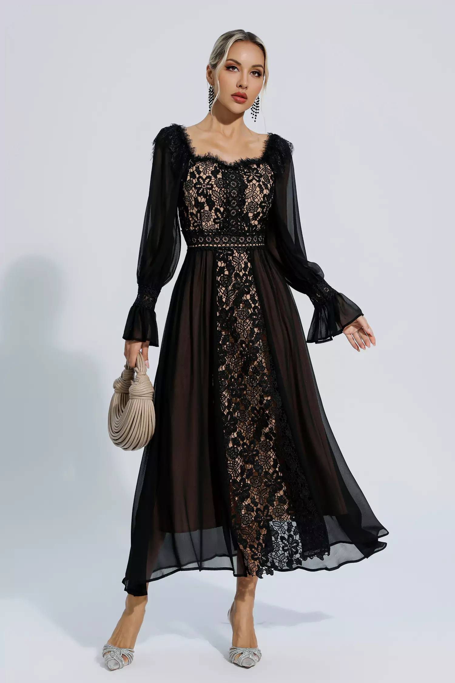 Aliana Black Floral Hollow Long Sleeve Dress-CATCHALL