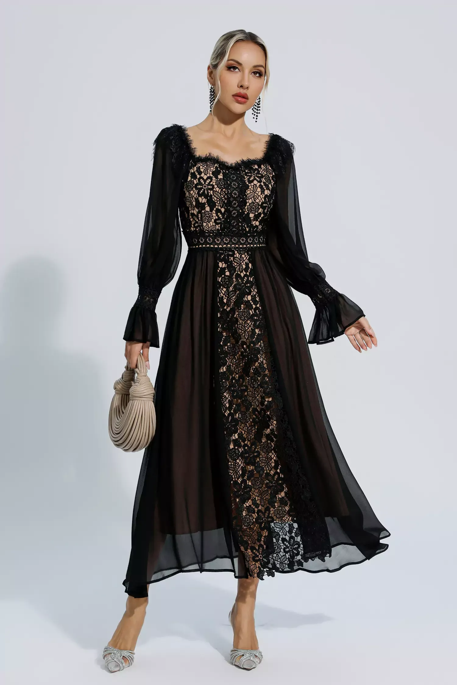 Aliana Black Floral Hollow Long Sleeve Dress