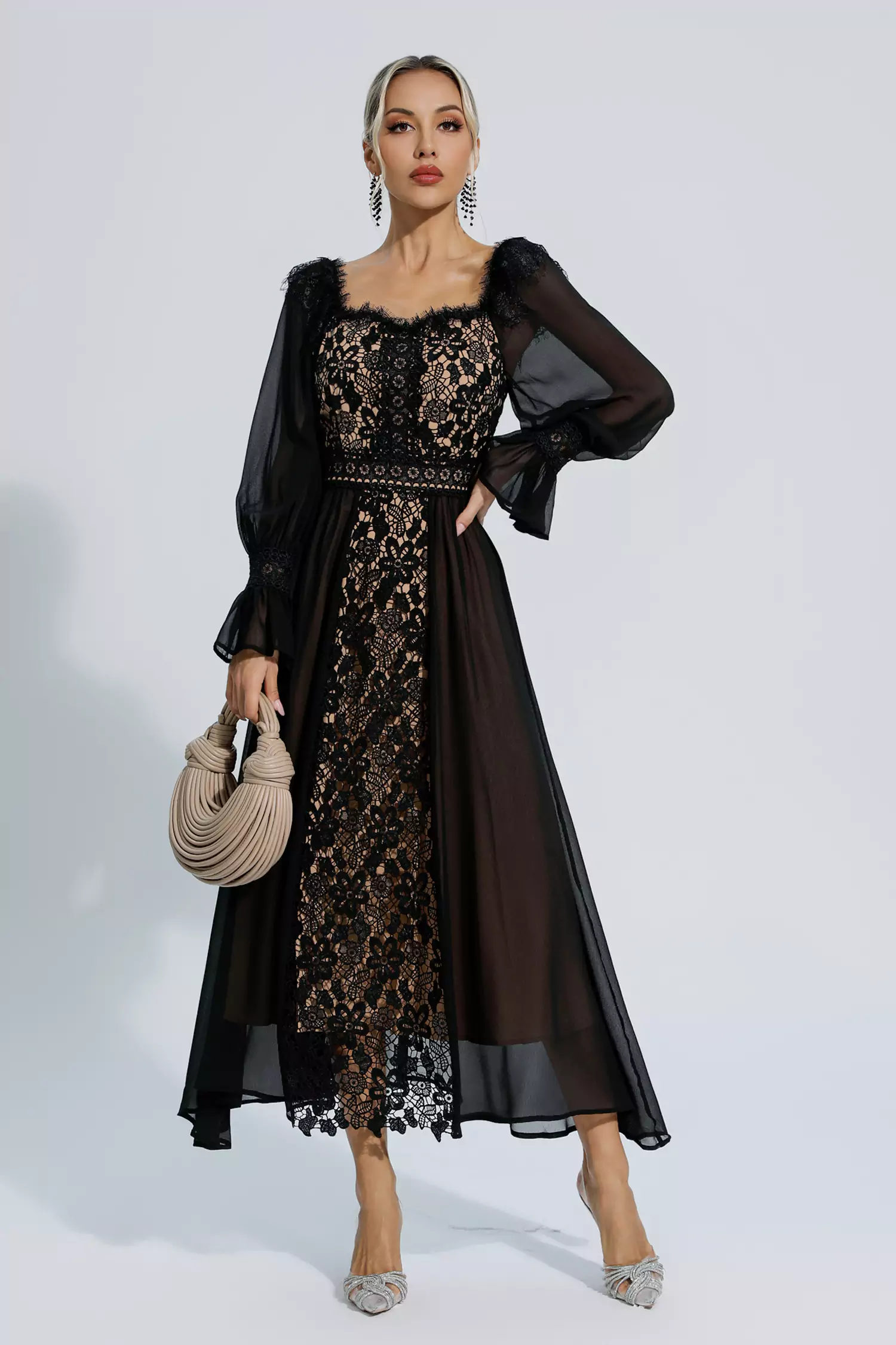 Aliana Black Floral Hollow Long Sleeve Dress-CATCHALL