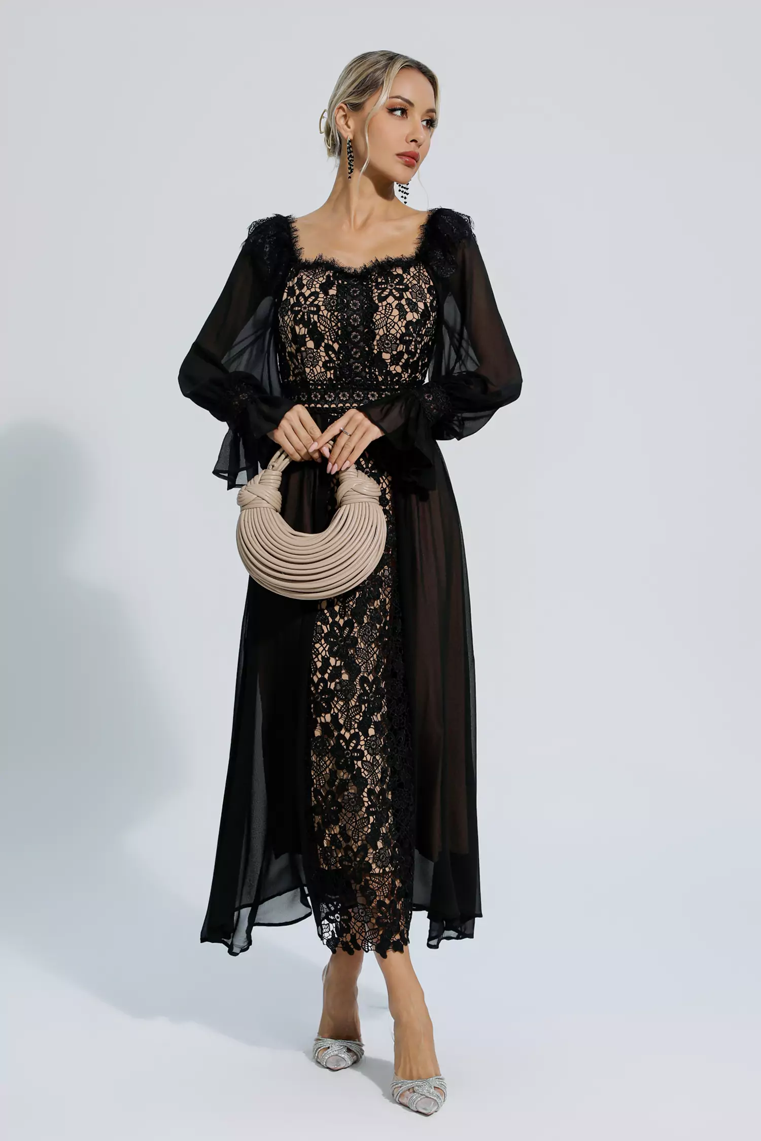 Aliana Black Floral Hollow Long Sleeve Dress-CATCHALL