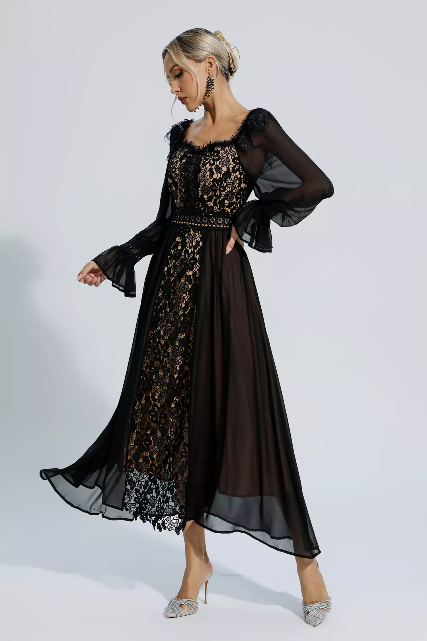 Aliana Black Floral Hollow Long Sleeve Dress-CATCHALL