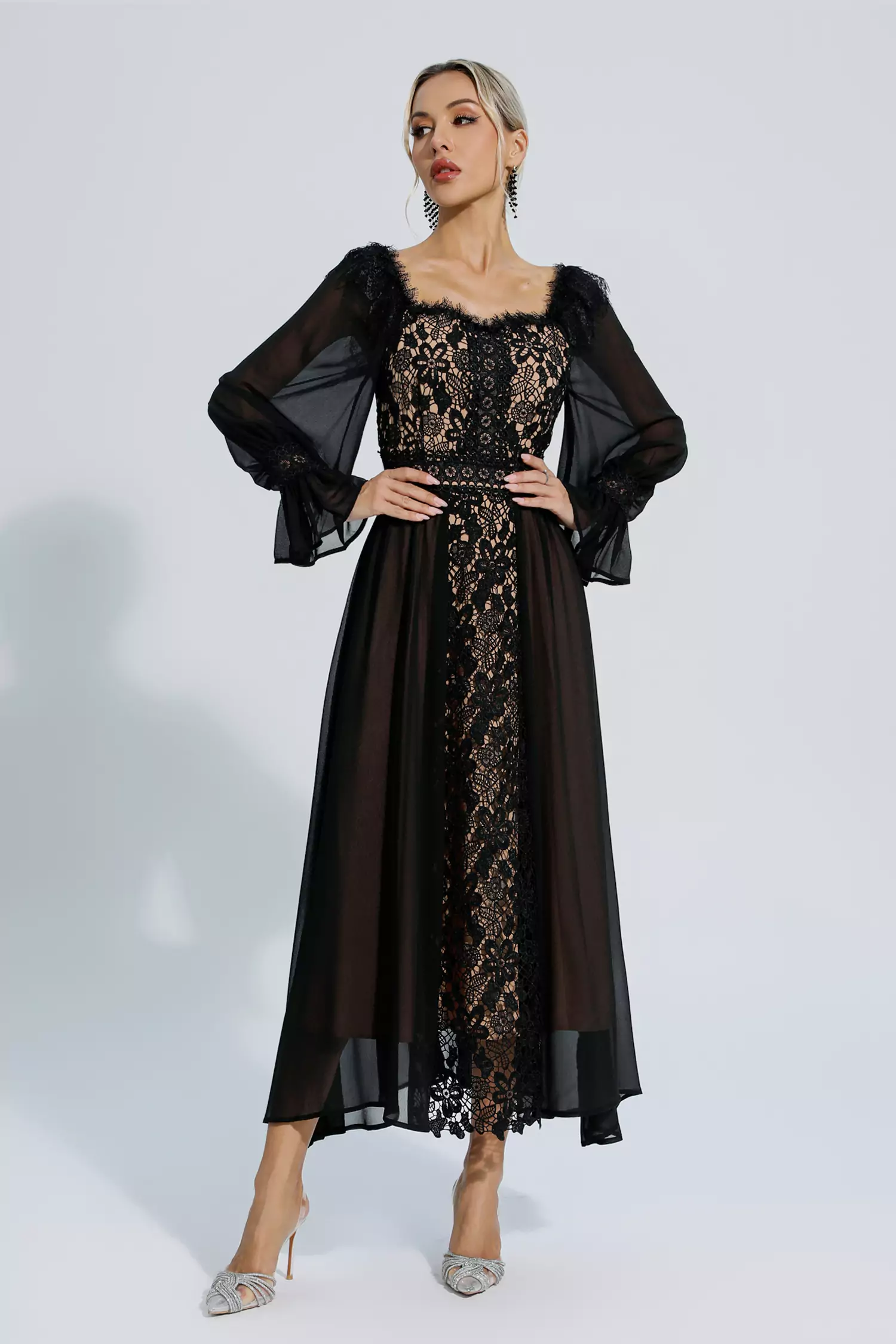 Aliana Black Floral Hollow Long Sleeve Dress-CATCHALL