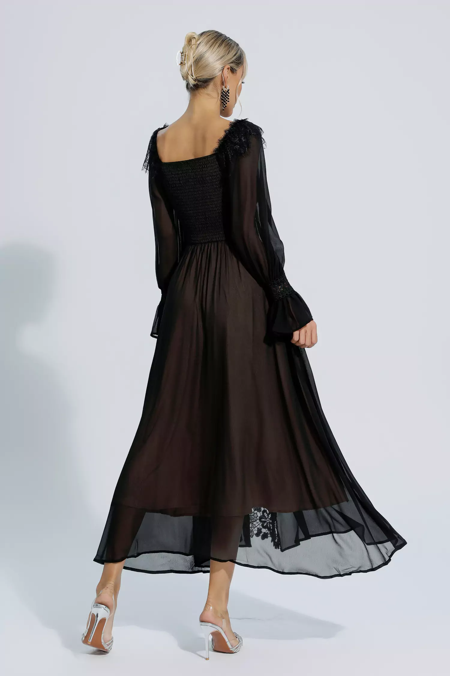 Aliana Black Floral Hollow Long Sleeve Dress-CATCHALL