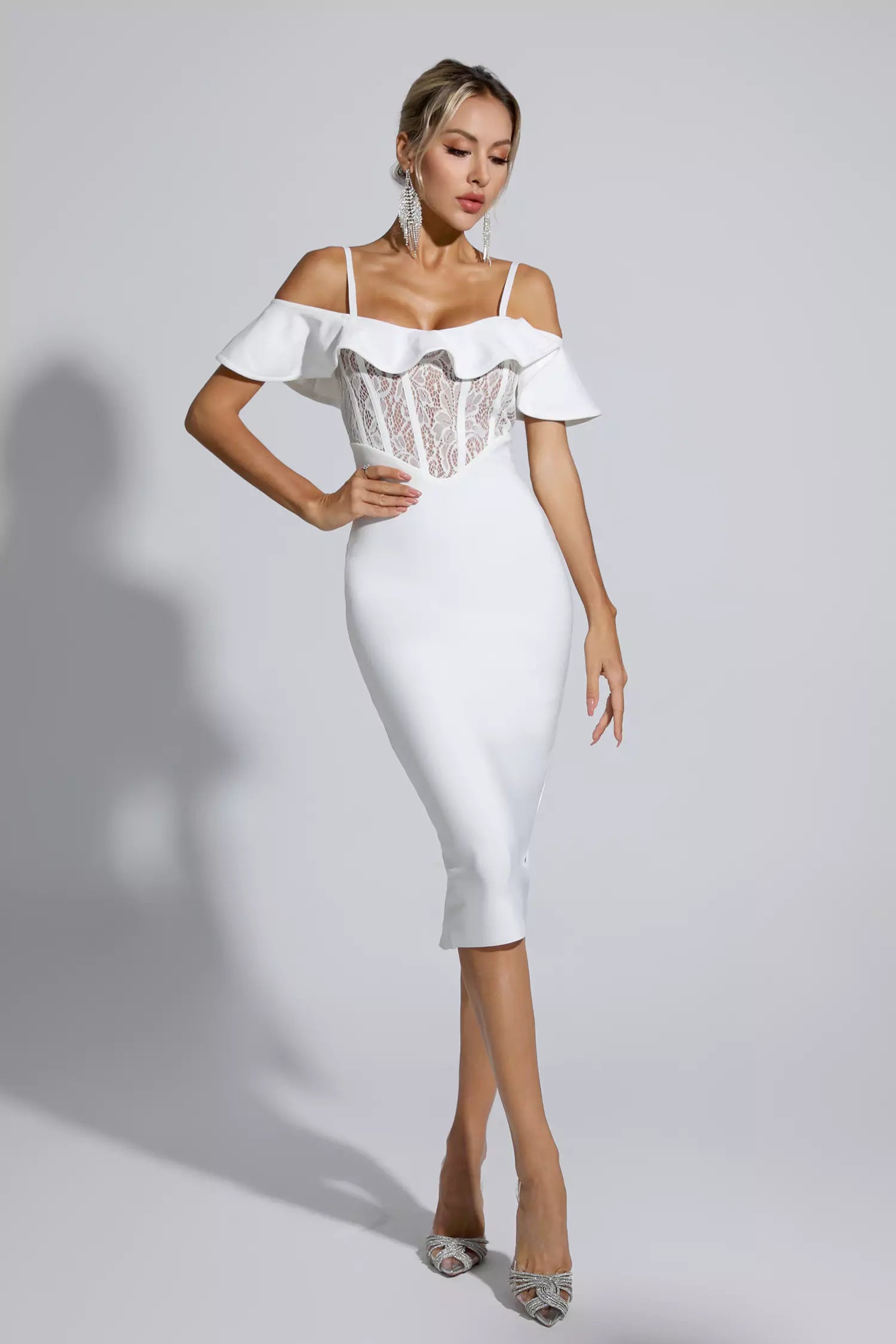 Alicia White Lace Bandage Midi Dress-CATCHALL