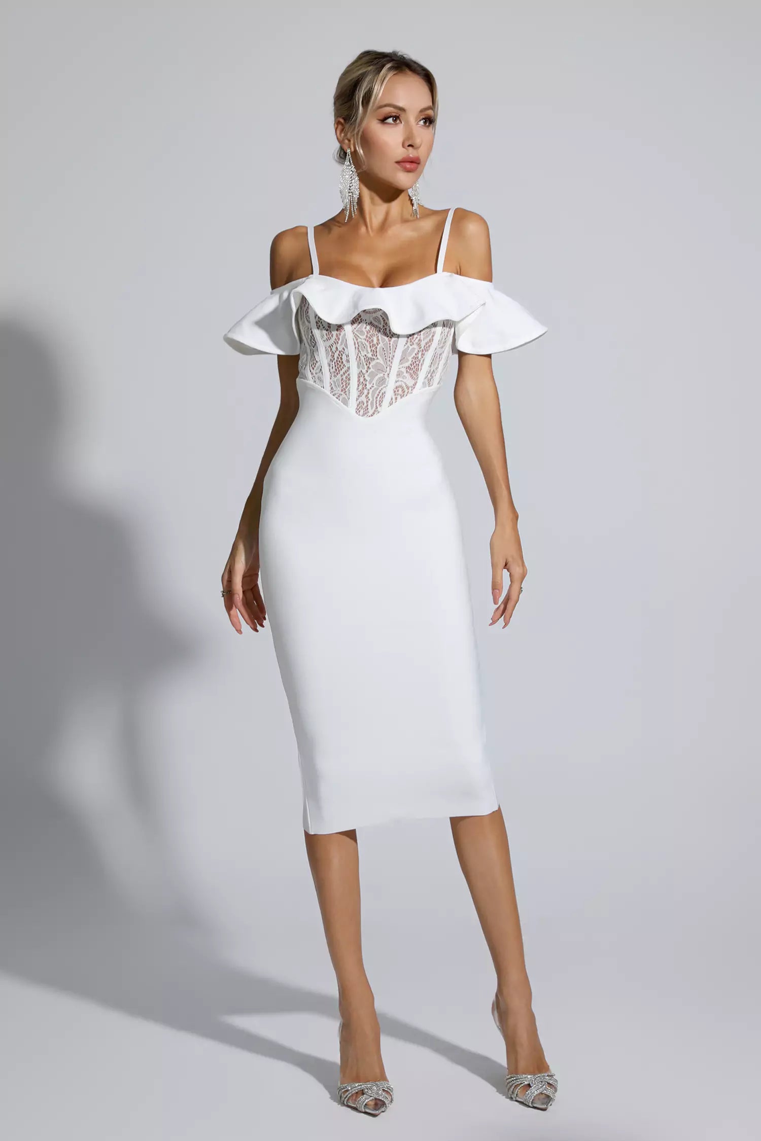 Alicia White Lace Bandage Midi Dress-CATCHALL