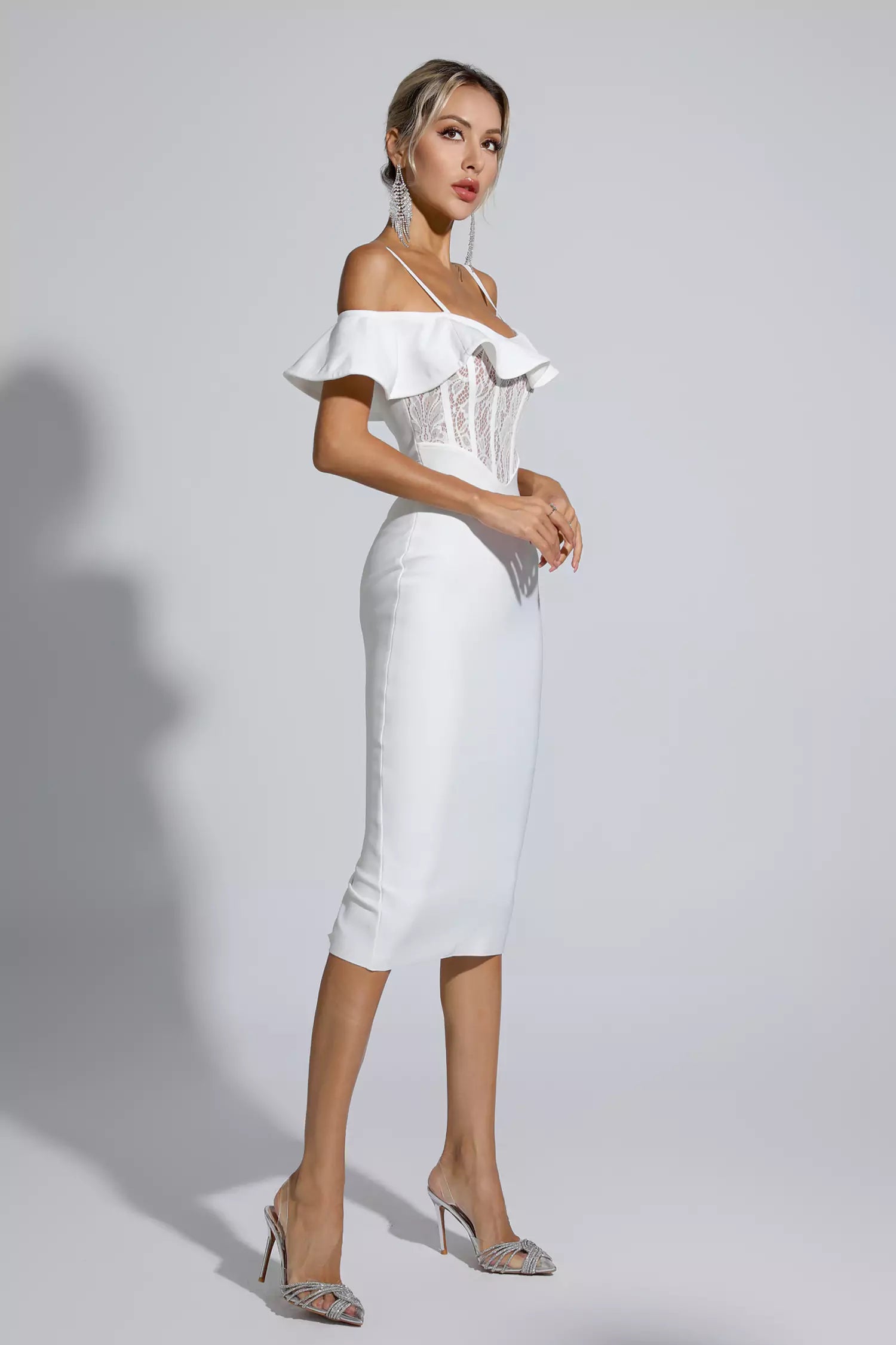 Alicia White Lace Bandage Midi Dress-CATCHALL