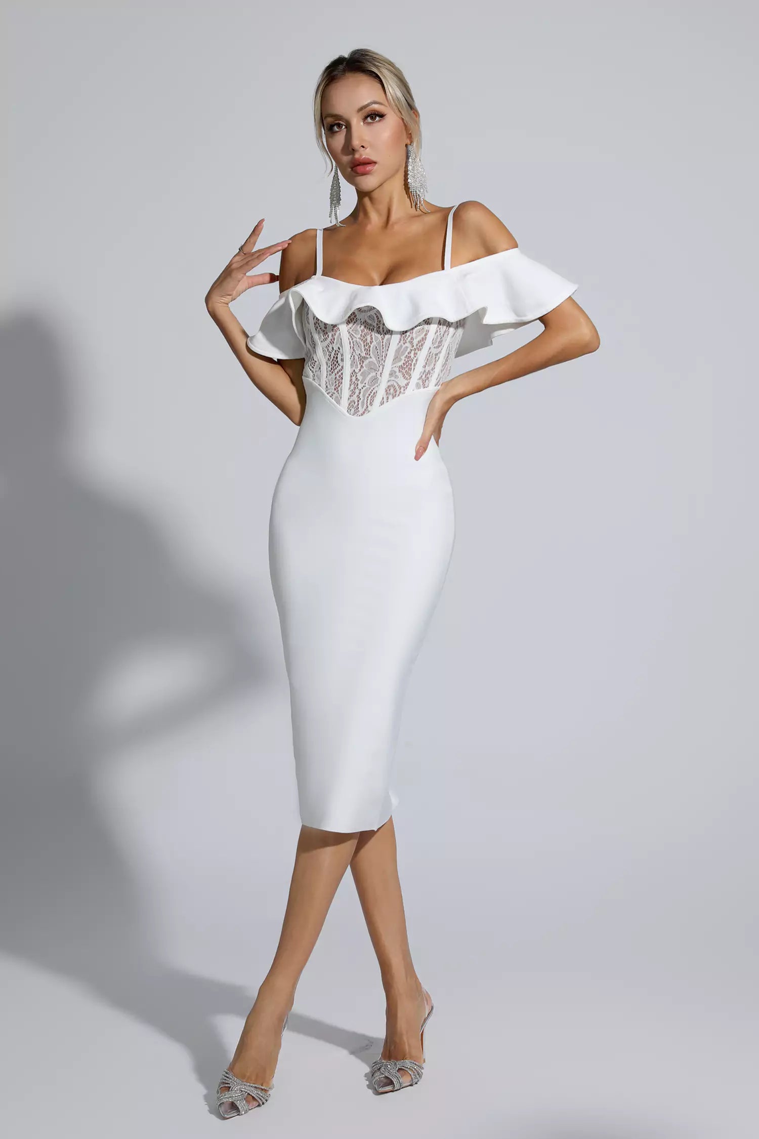 Alicia White Lace Bandage Midi Dress-CATCHALL