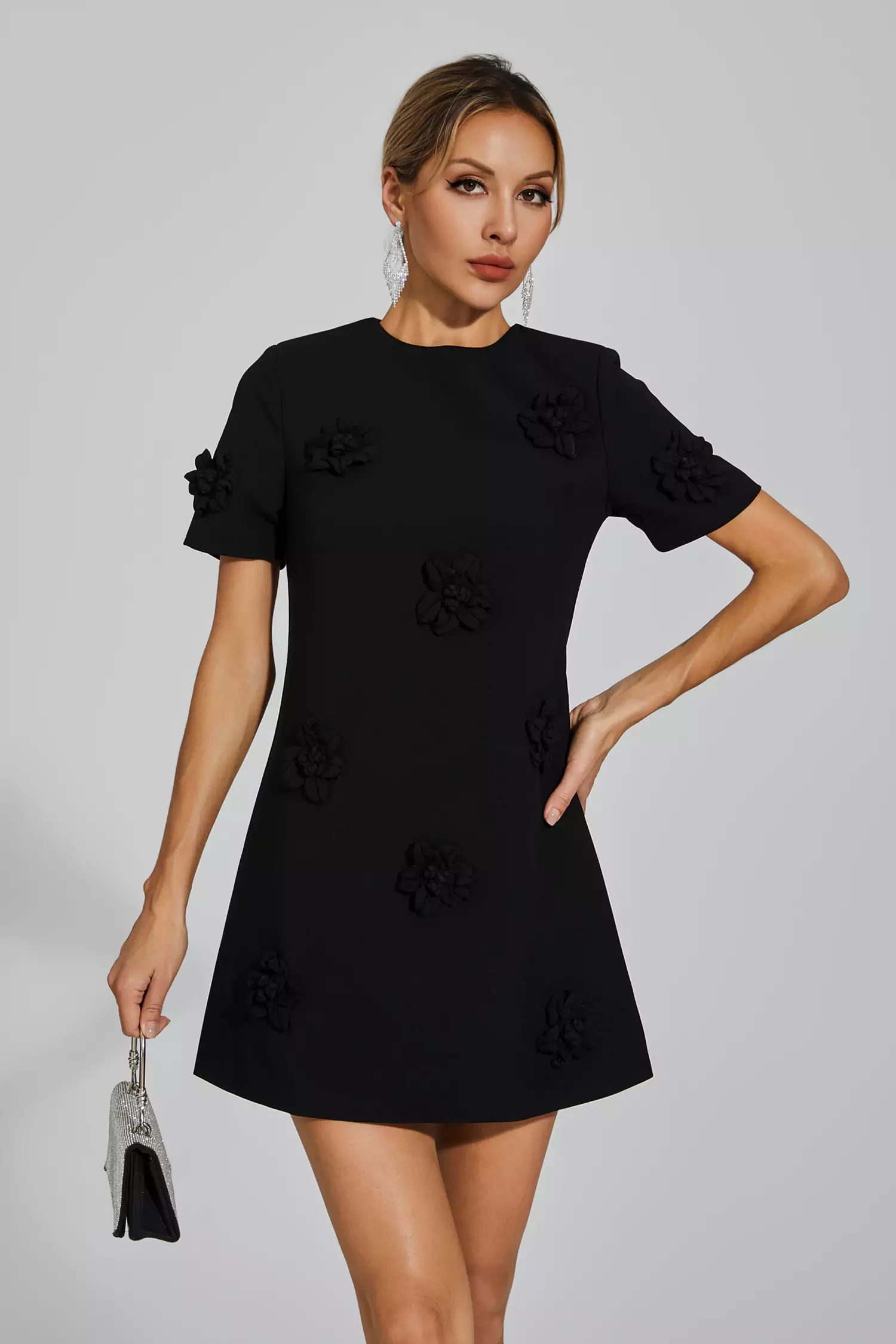 Alison Black Jacquard Floral Mini Dress-CATCHALL