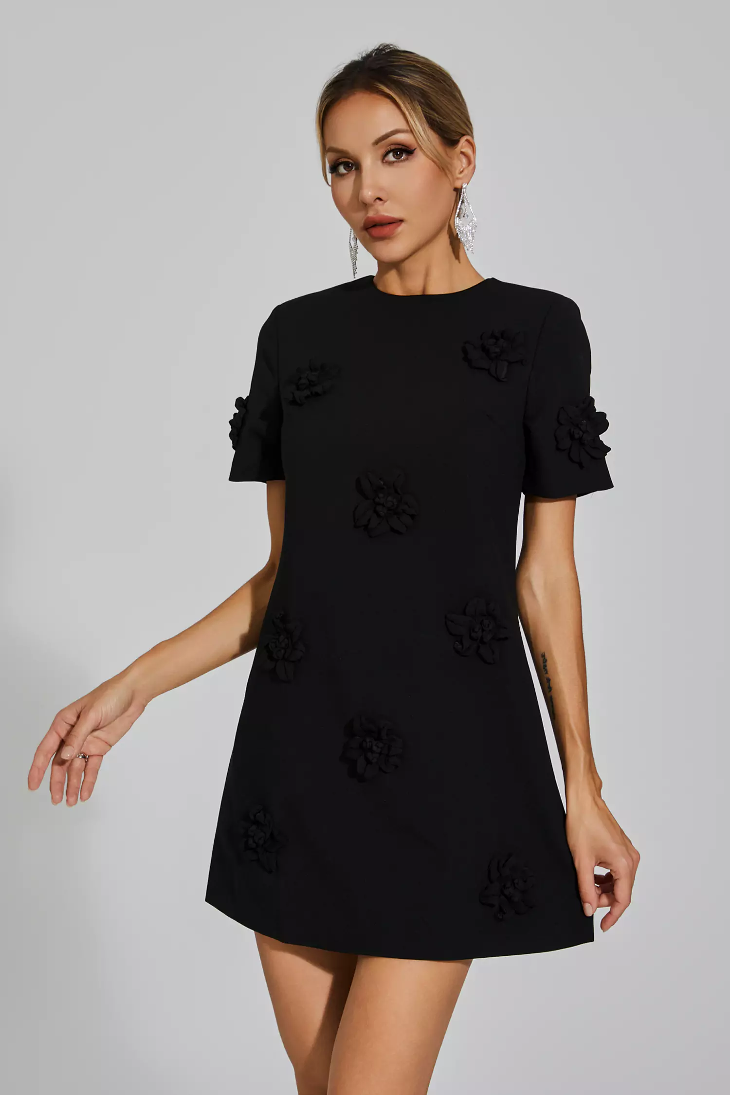 Alison Black Jacquard Floral Mini Dress-CATCHALL