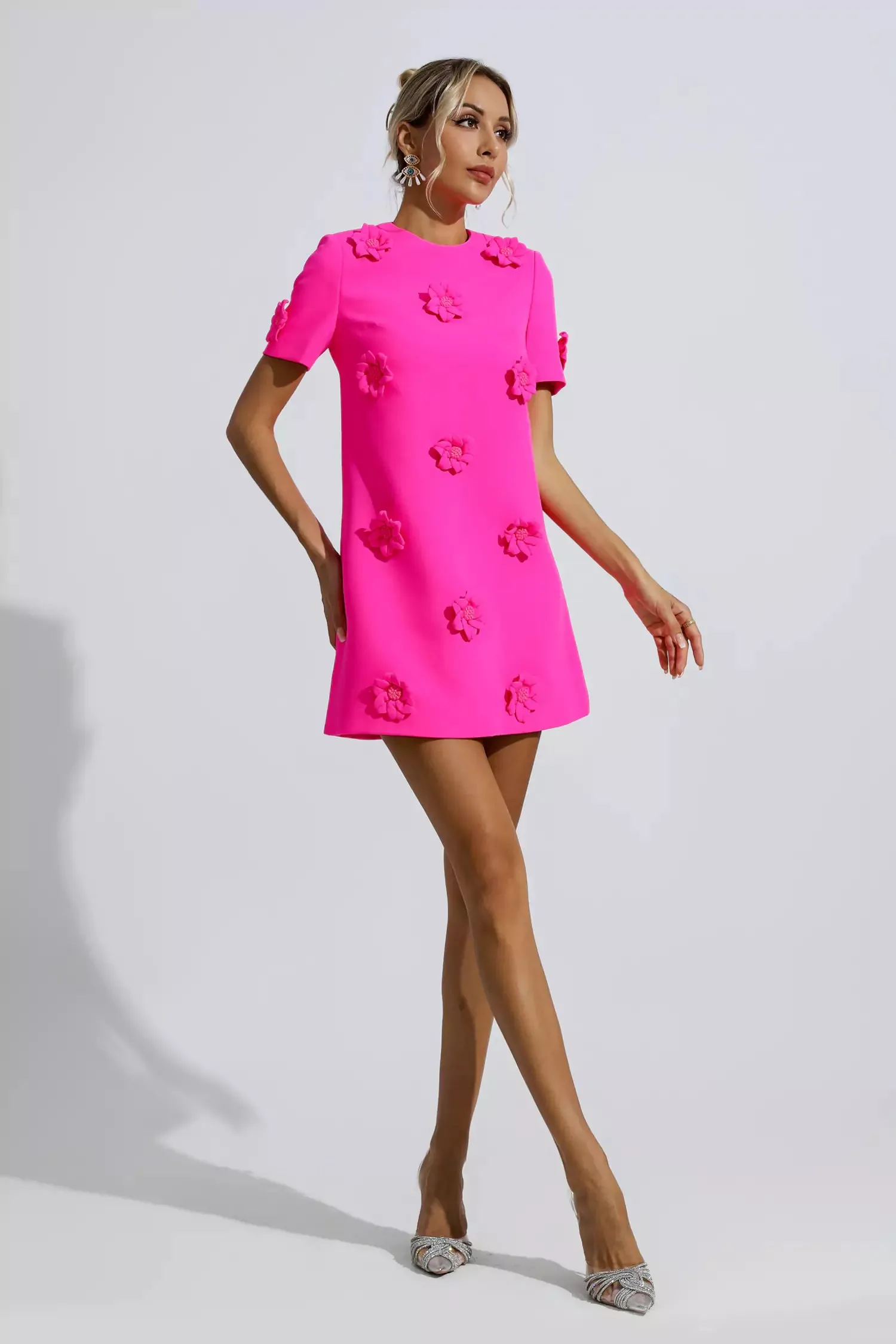 Pink Jacquard Floral Mini Dress