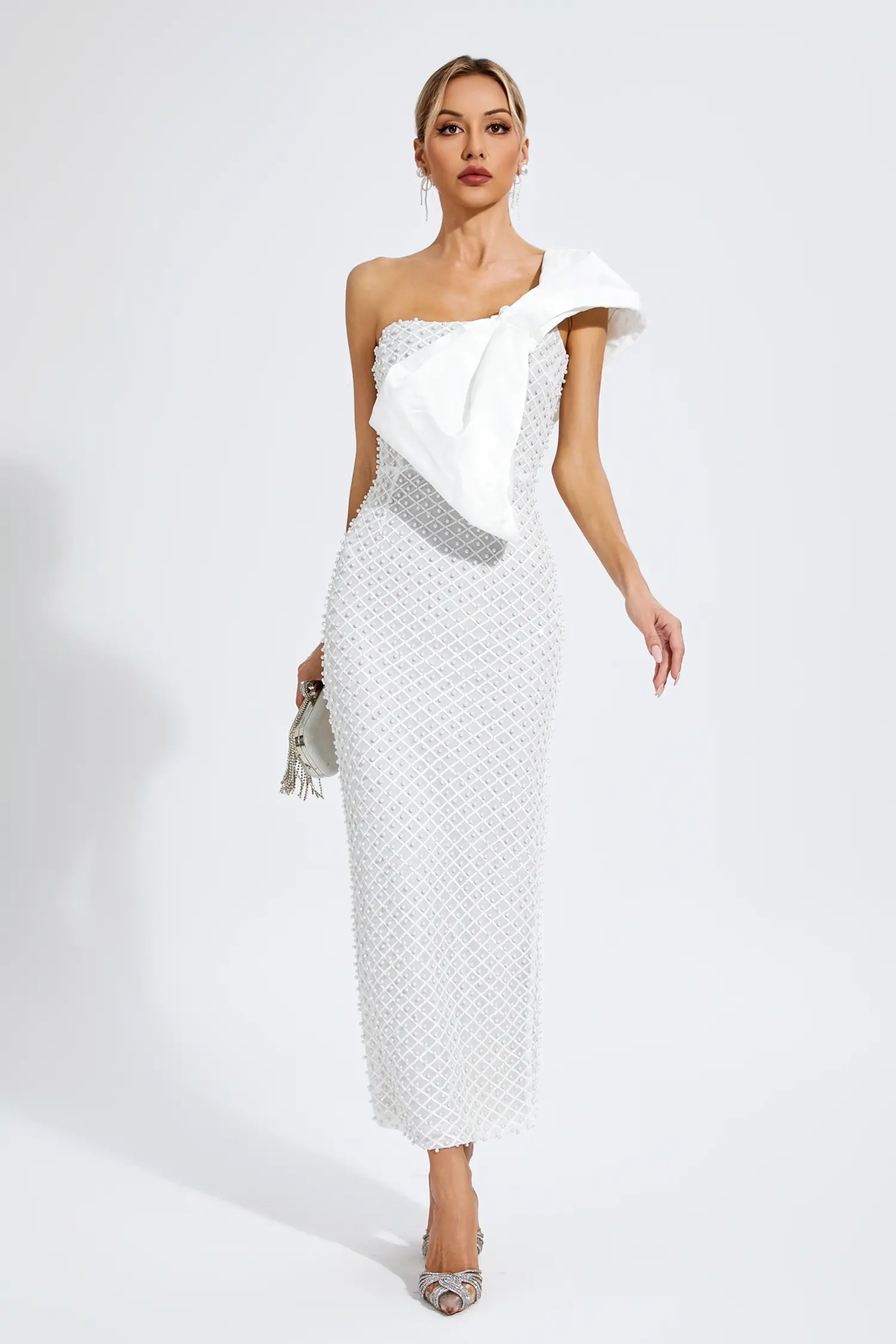 Alisson White Pearl Embellishment Dress-CATCHALL