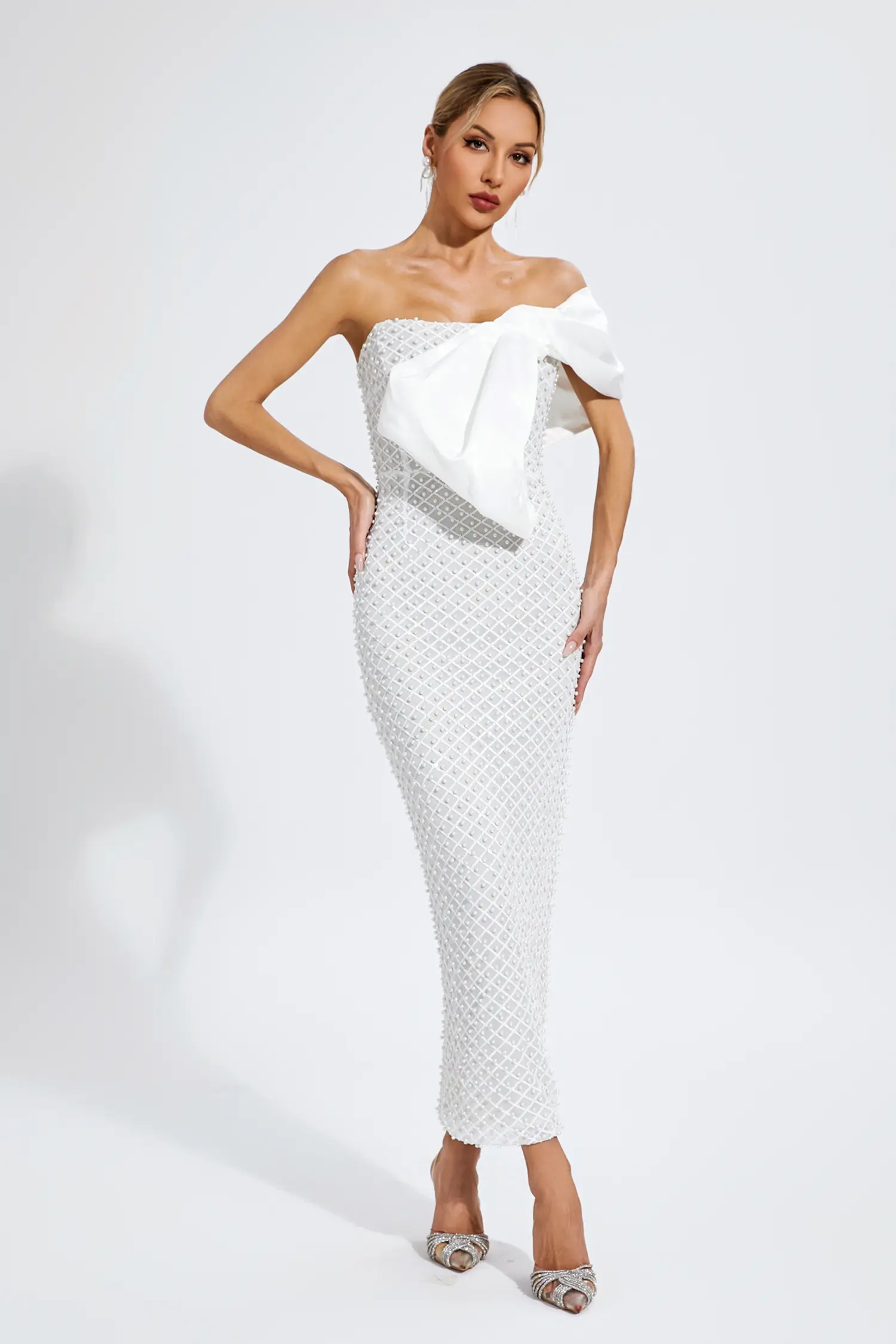 Alisson White Pearl Embellishment Dress-CATCHALL