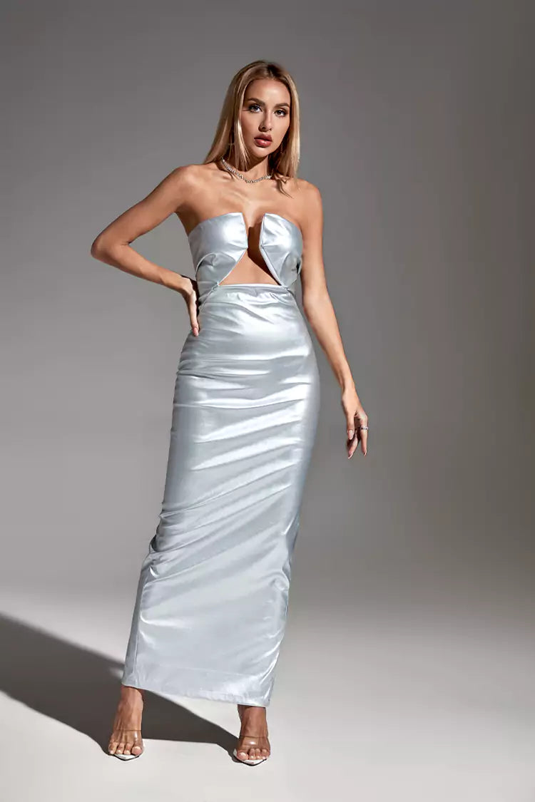 Alivia Silver PU Maxi Dress-CATCHALL