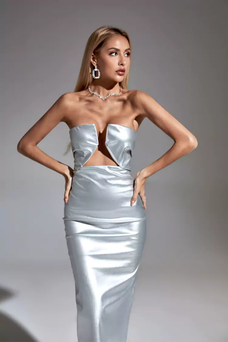 Alivia Silver PU Maxi Dress-CATCHALL