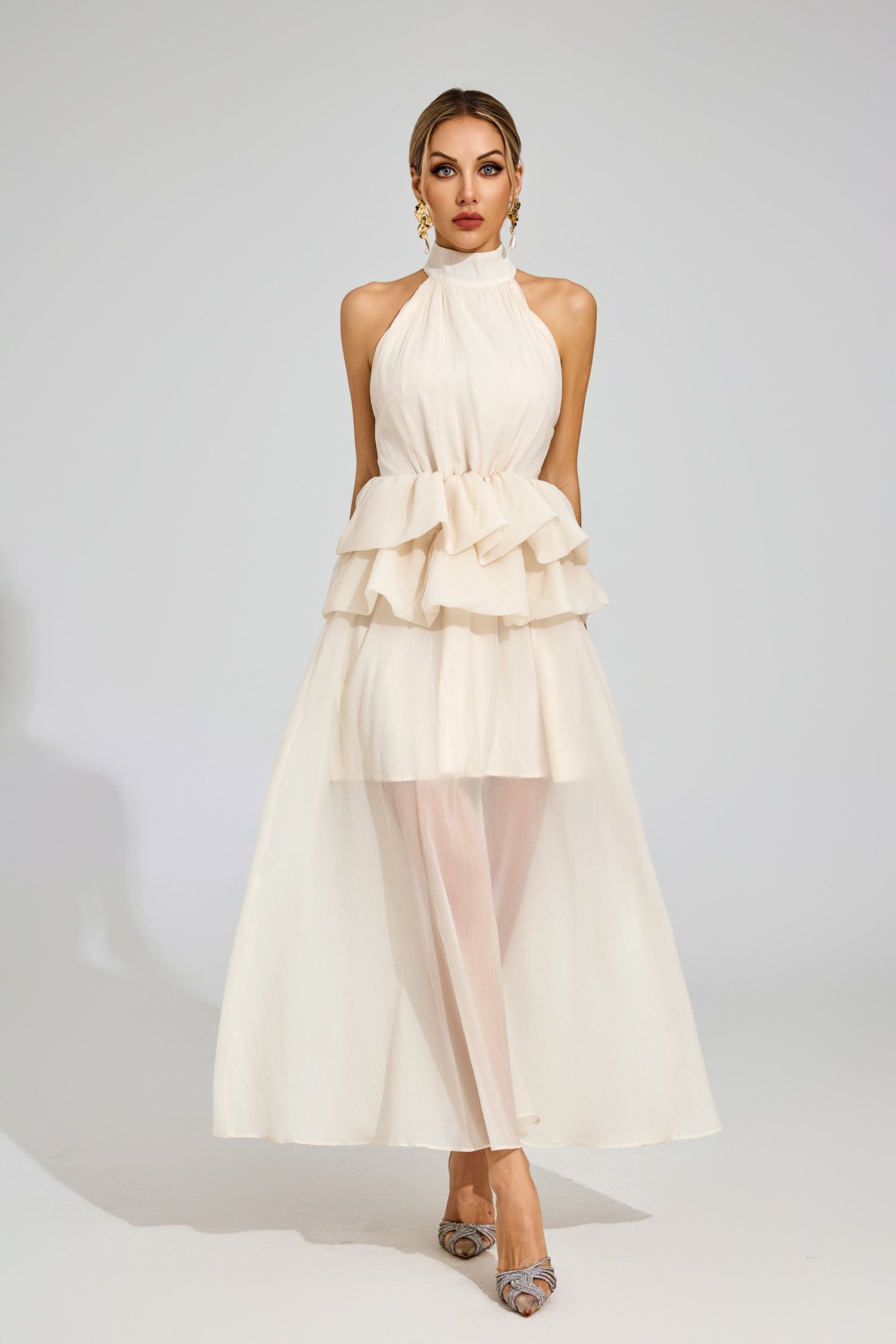 Allen Apricot Halter Maxi Ruffle Dress