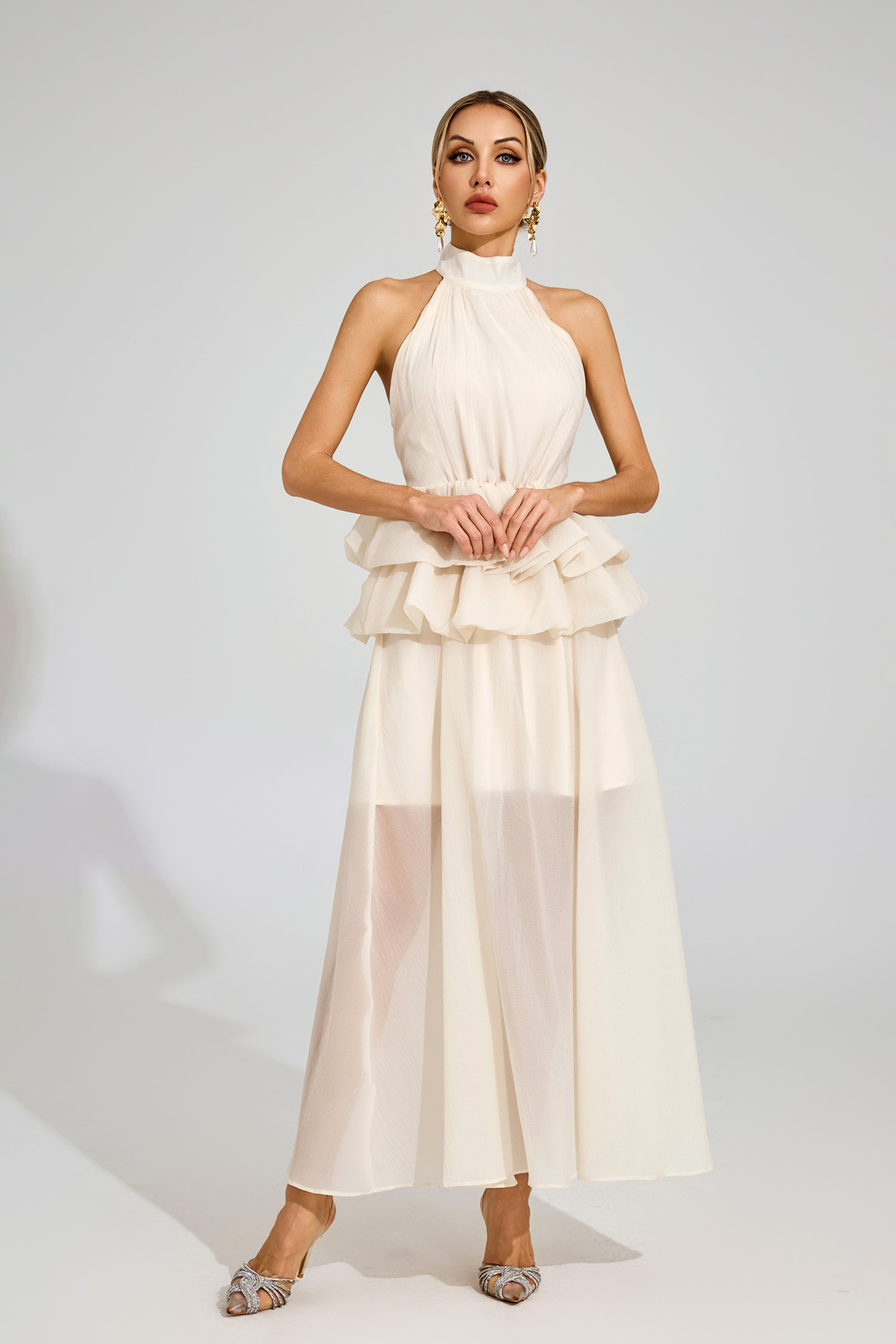 Allen Apricot Halter Maxi Ruffle Dress