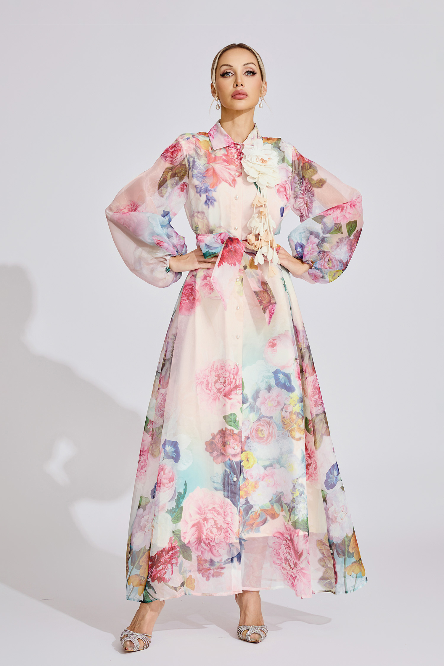 Alma Pink 3D Floral Lapel Collar Lantern Sleeve Maxi Dress