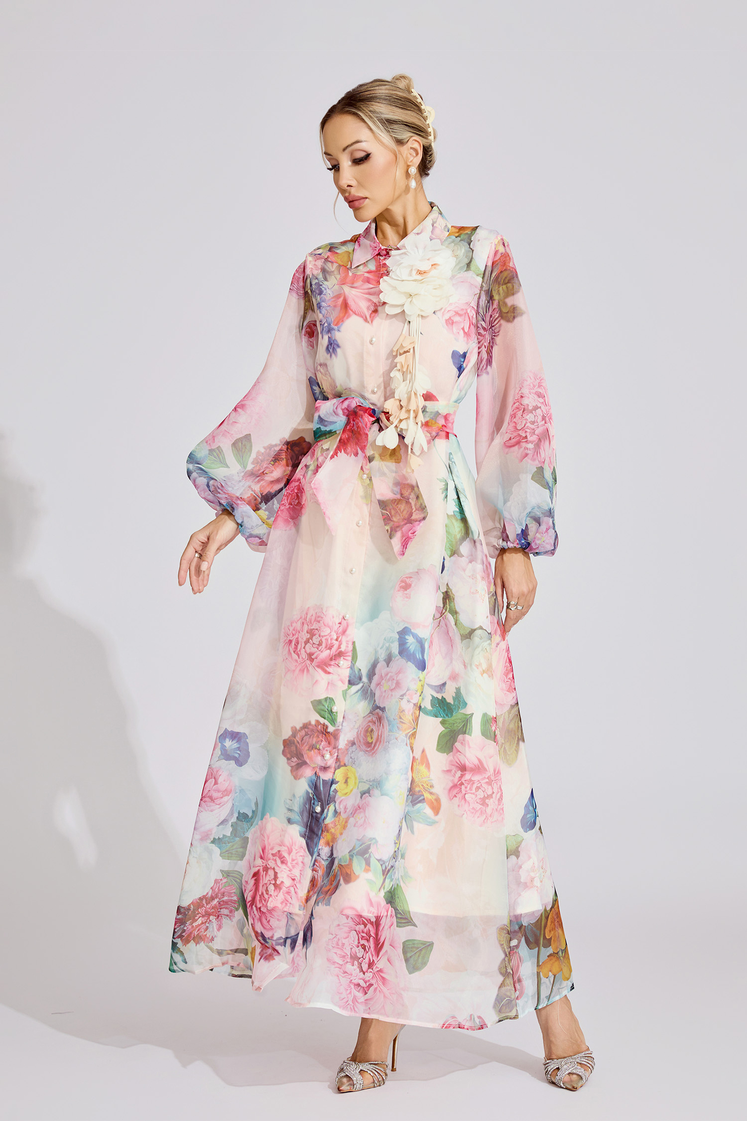 Alma Pink 3D Floral Lapel Collar Lantern Sleeve Maxi Dress