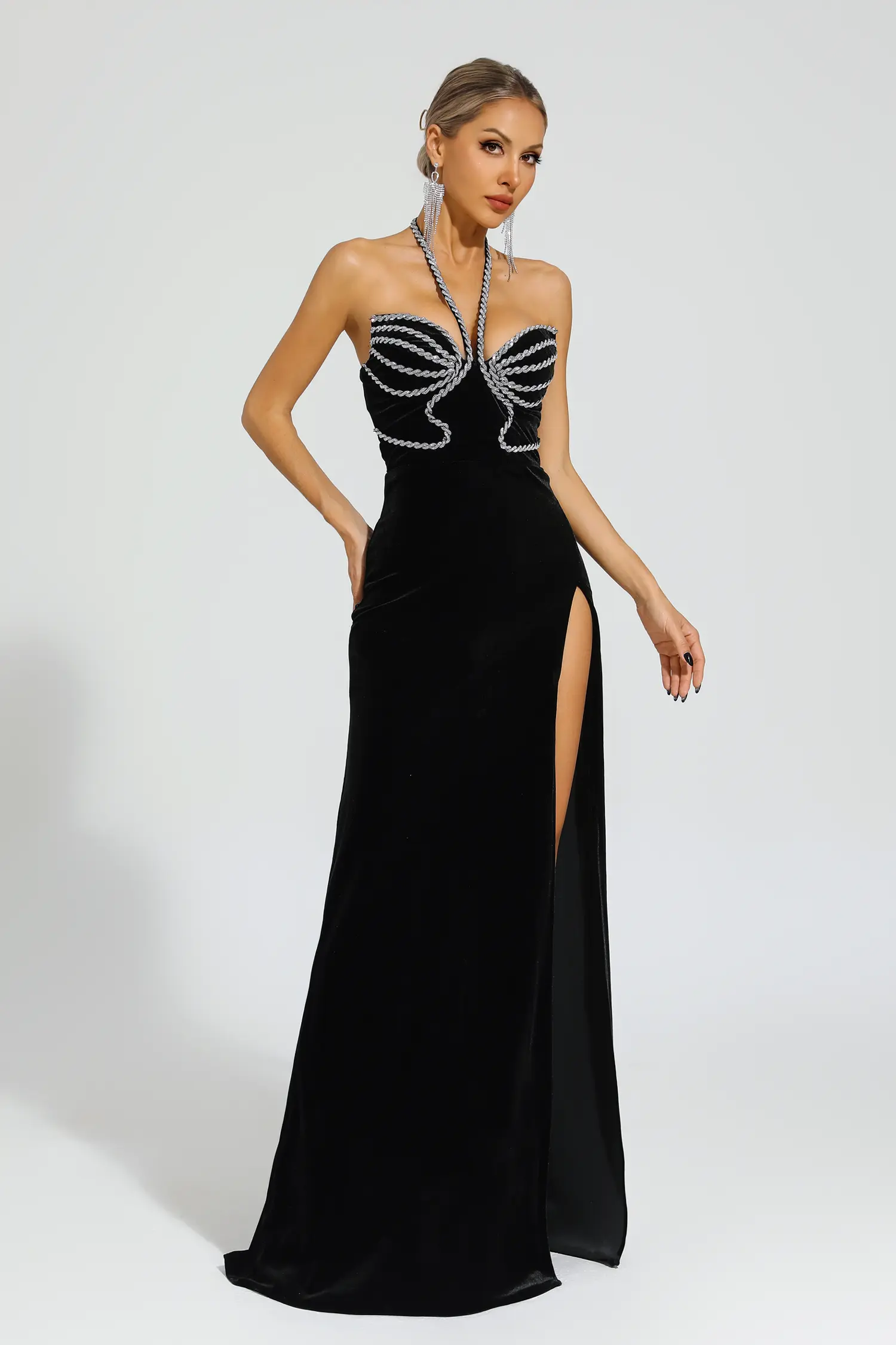 Alston Black Diamond Halter Dress-CATCHALL