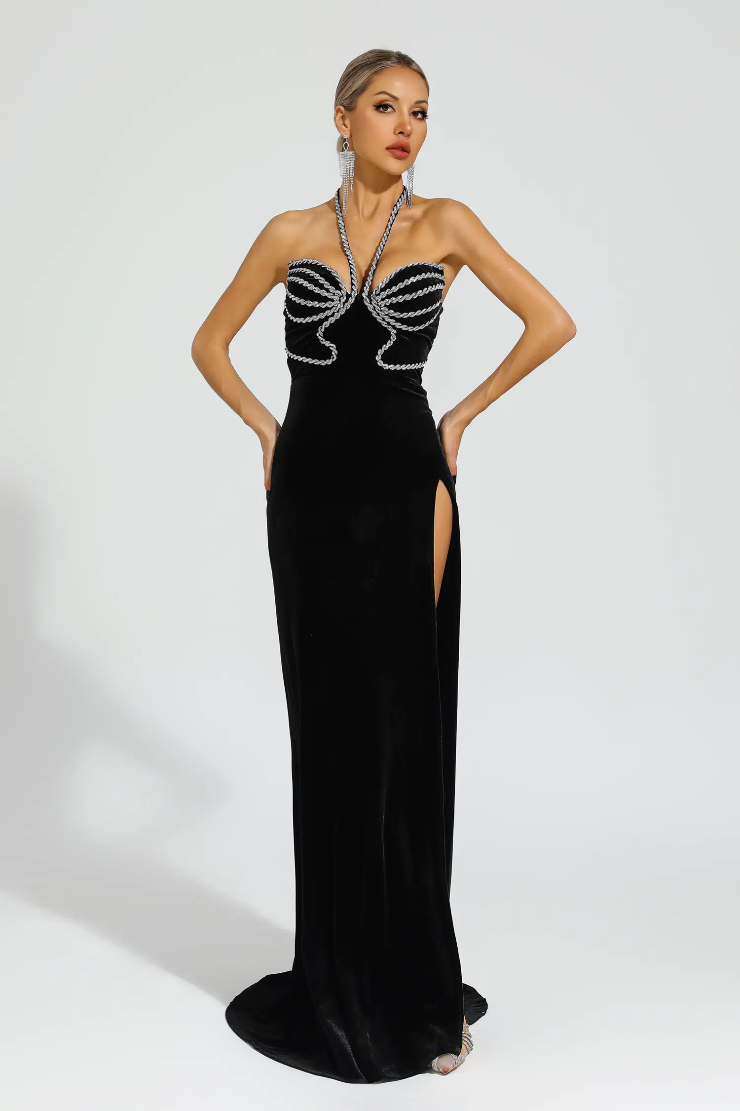 Alston Black Diamond Halter Dress-CATCHALL